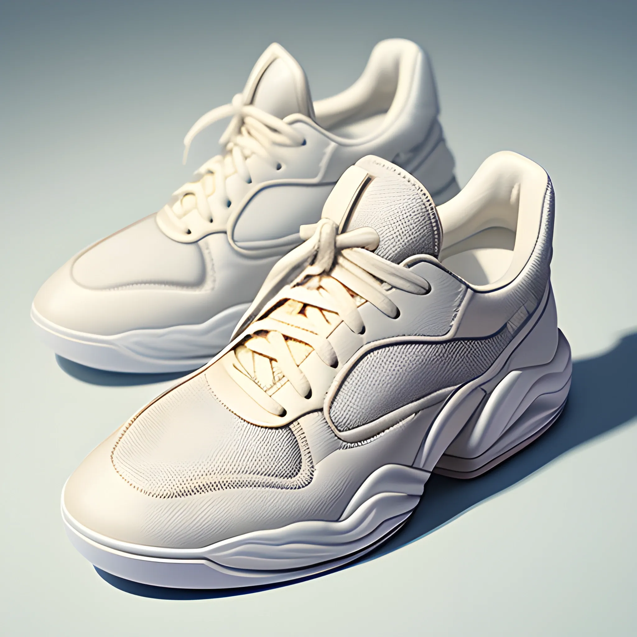 Surreal and heavy detailed sneaker product photos, space basketball sneakers, light feeling, cream white dominant, popular in art station, smooth, whole shoe in the picture, sharp focus