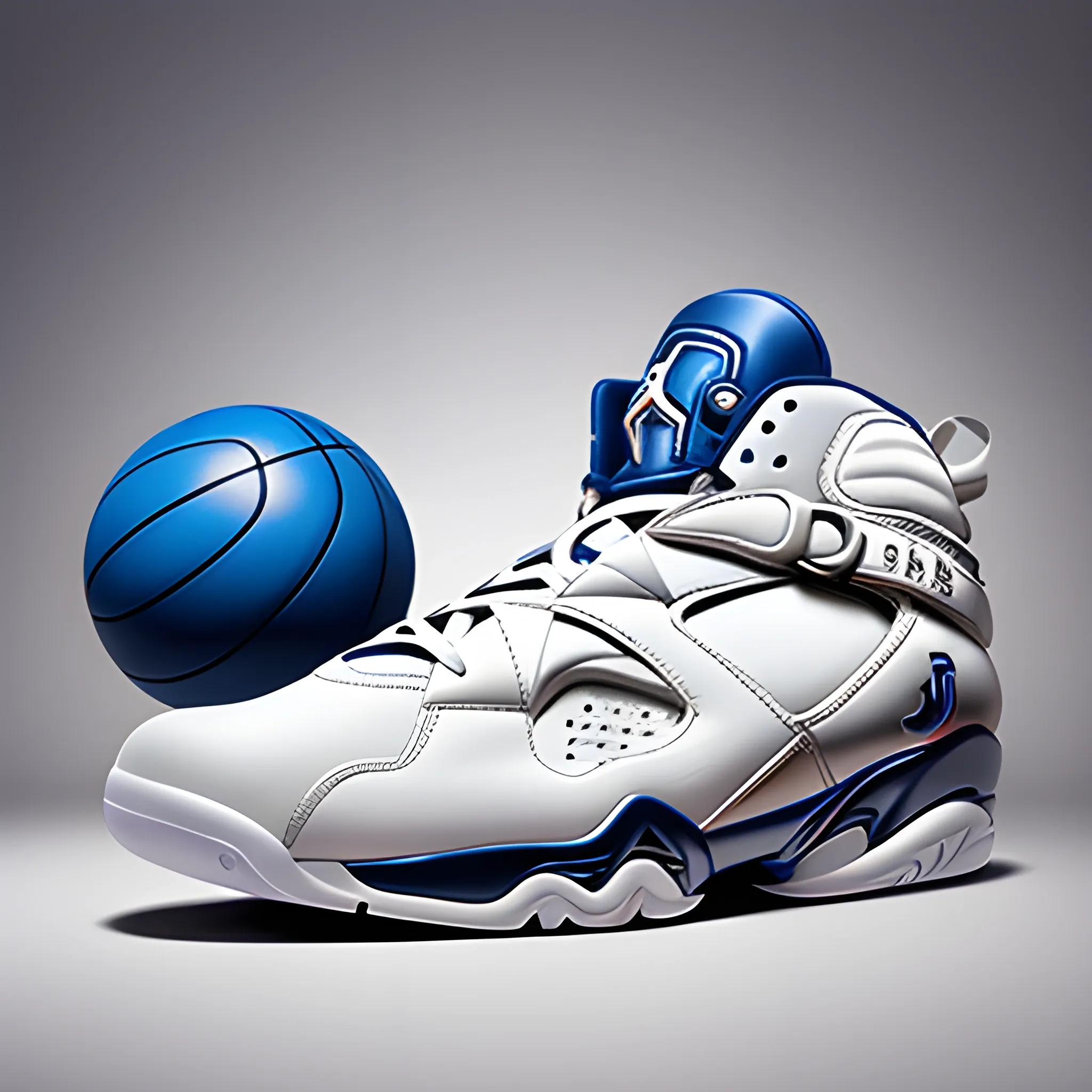 Surreal and heavy detailed ball space basketball shoes product photo with air jordan8 elements, light feeling, full cream white design, pop in art station, smooth, whole shoe in picture, sharp focus