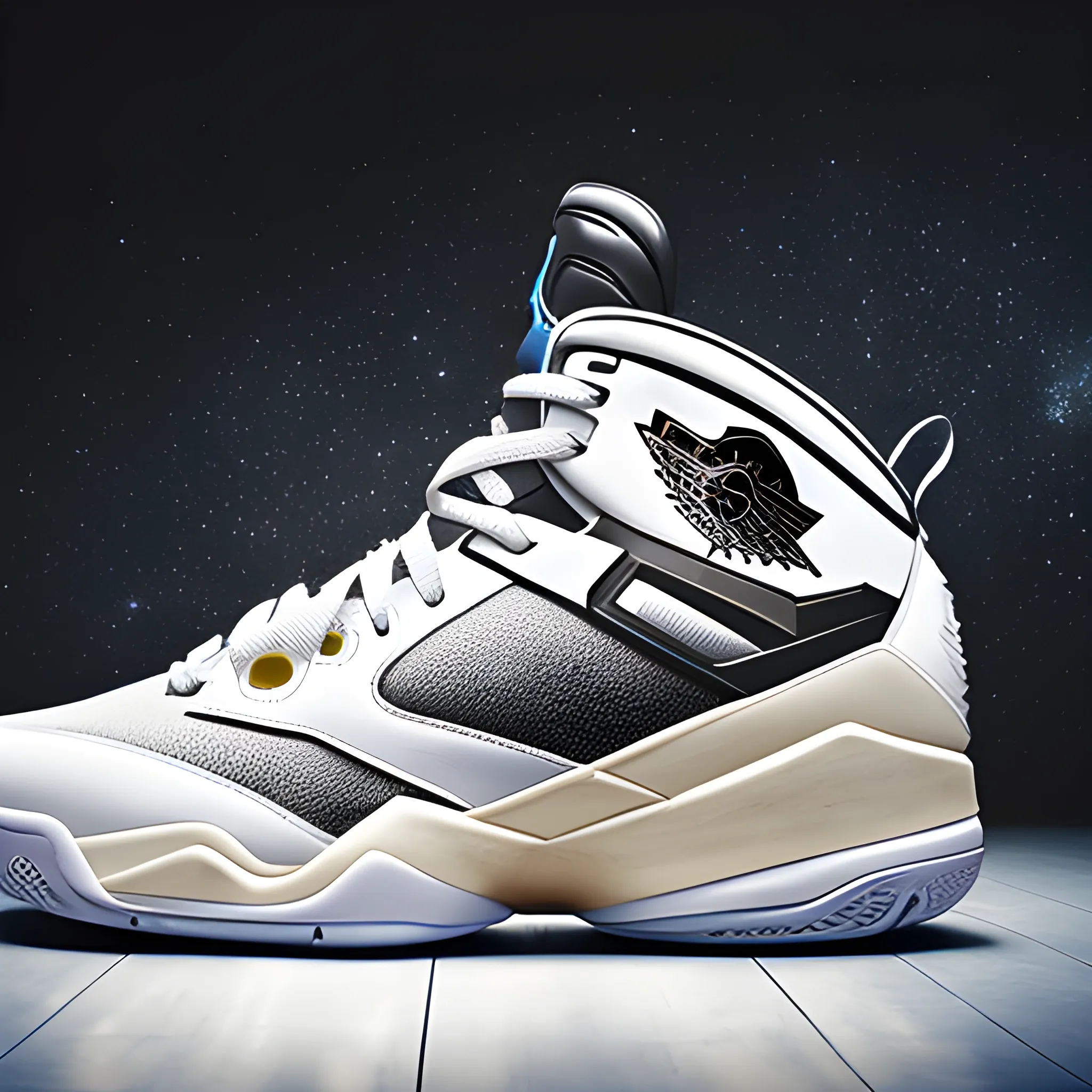 Surreal and heavy detailed basketball shoe product photo with spacesuit elements, air jordan elements, light feeling, full cream white design, pop in art station, smooth, whole shoe in picture, sharp focus