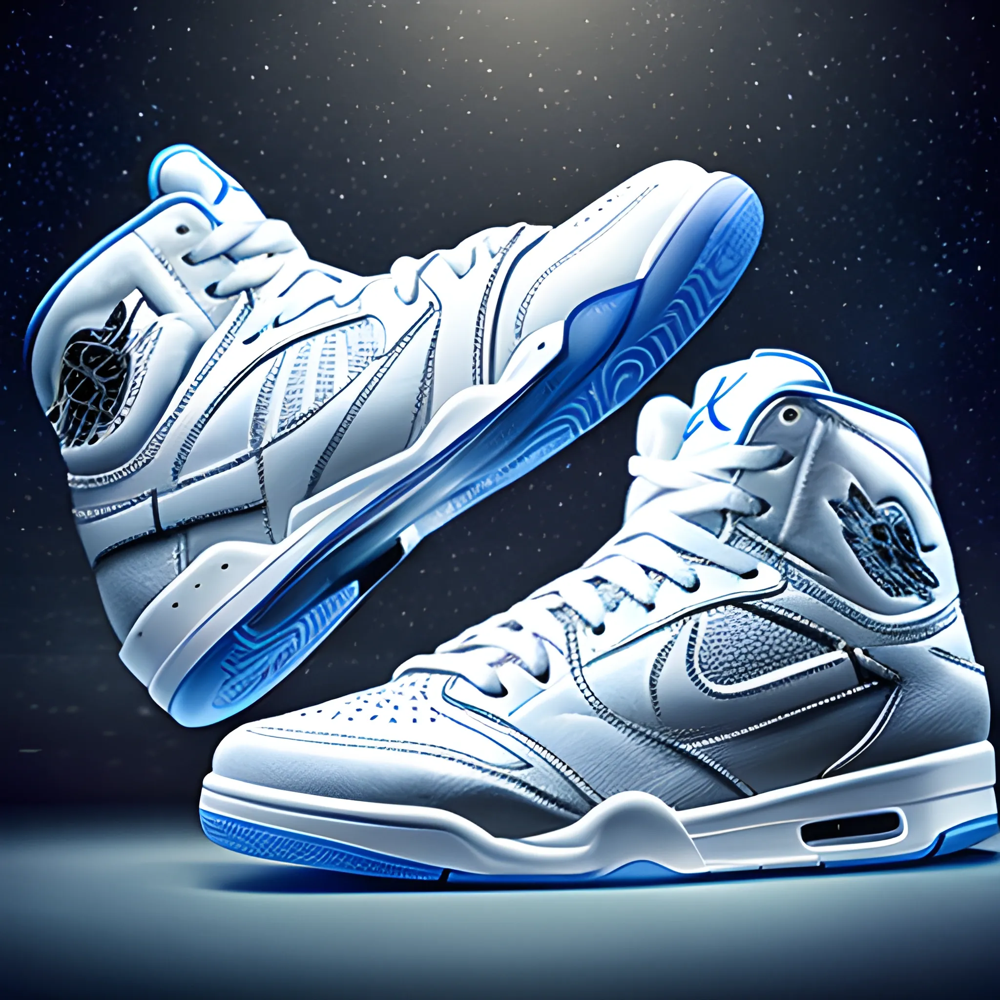 Surreal and heavy detailed basketball shoe product photo with spacesuit elements, air jordan style, light feel, full milky white design, pop in art station, smooth, whole shoe in picture, sharp focus