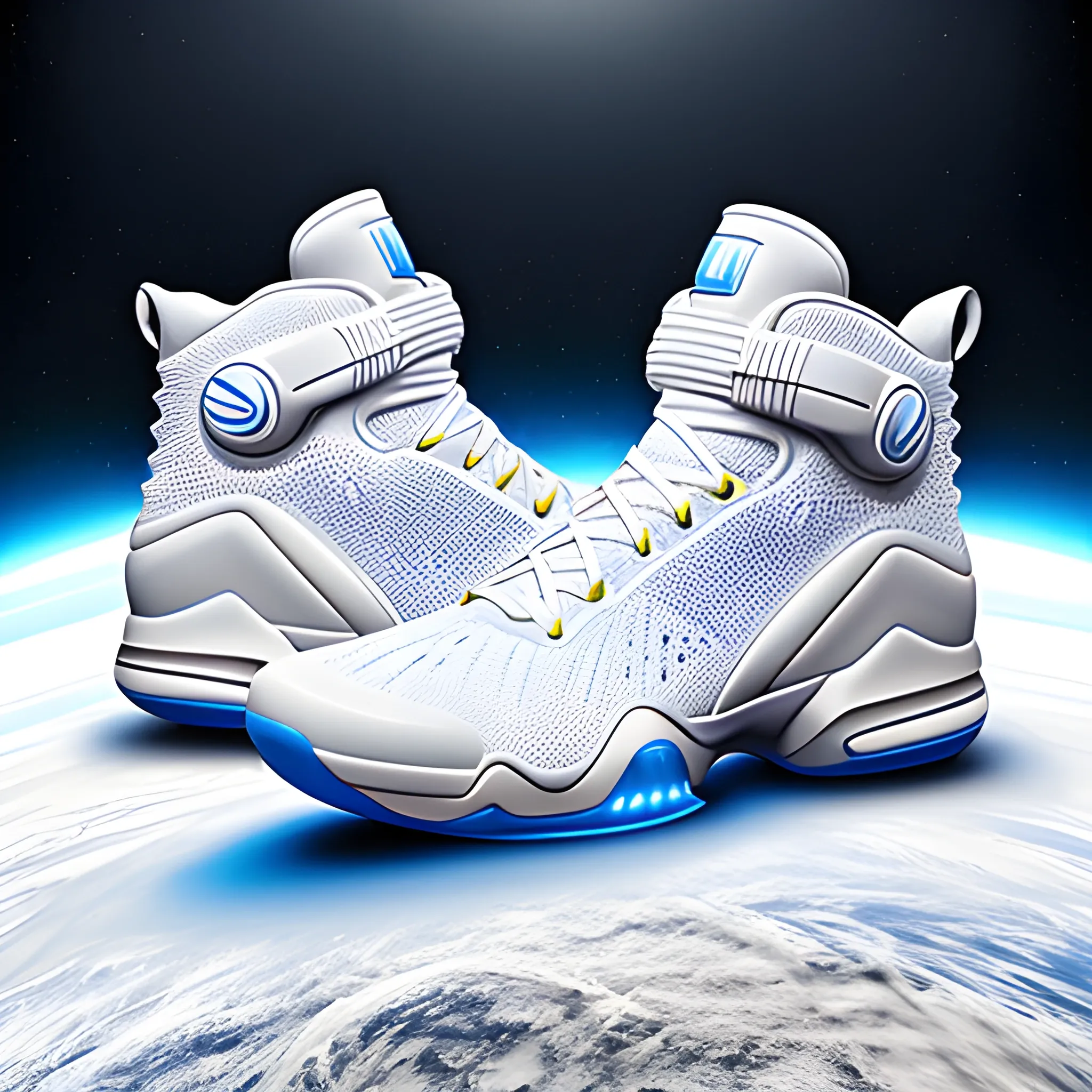 Surreal detailed basketball shoe product photo with spacesuit elements, Michelin baby elements, light feeling, full milky white design, pop in art station, smooth, whole shoe in picture, sharp focus