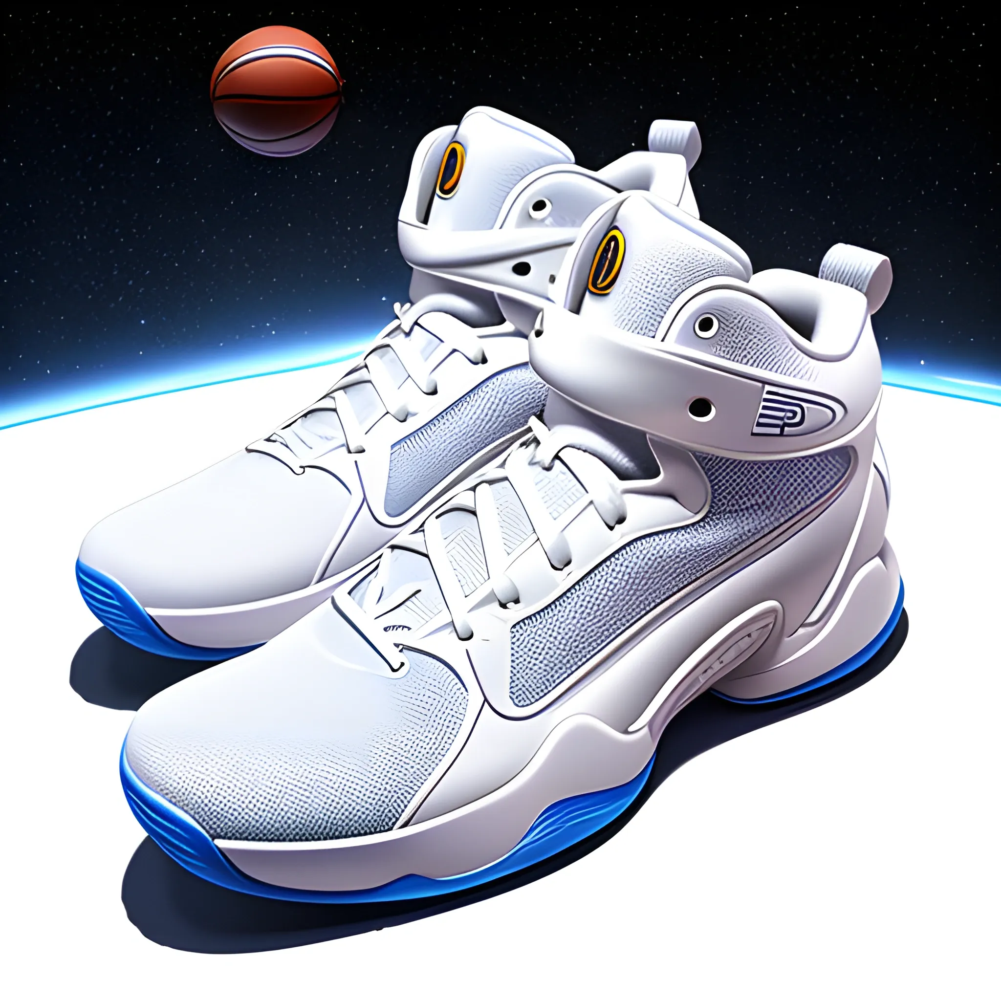 Surreal detailed basketball shoe product photo with first generation spacesuit elements, silkworm baby elements, full milky white design, fat feeling, popular in art station, smooth, whole shoe in picture, sharp focus