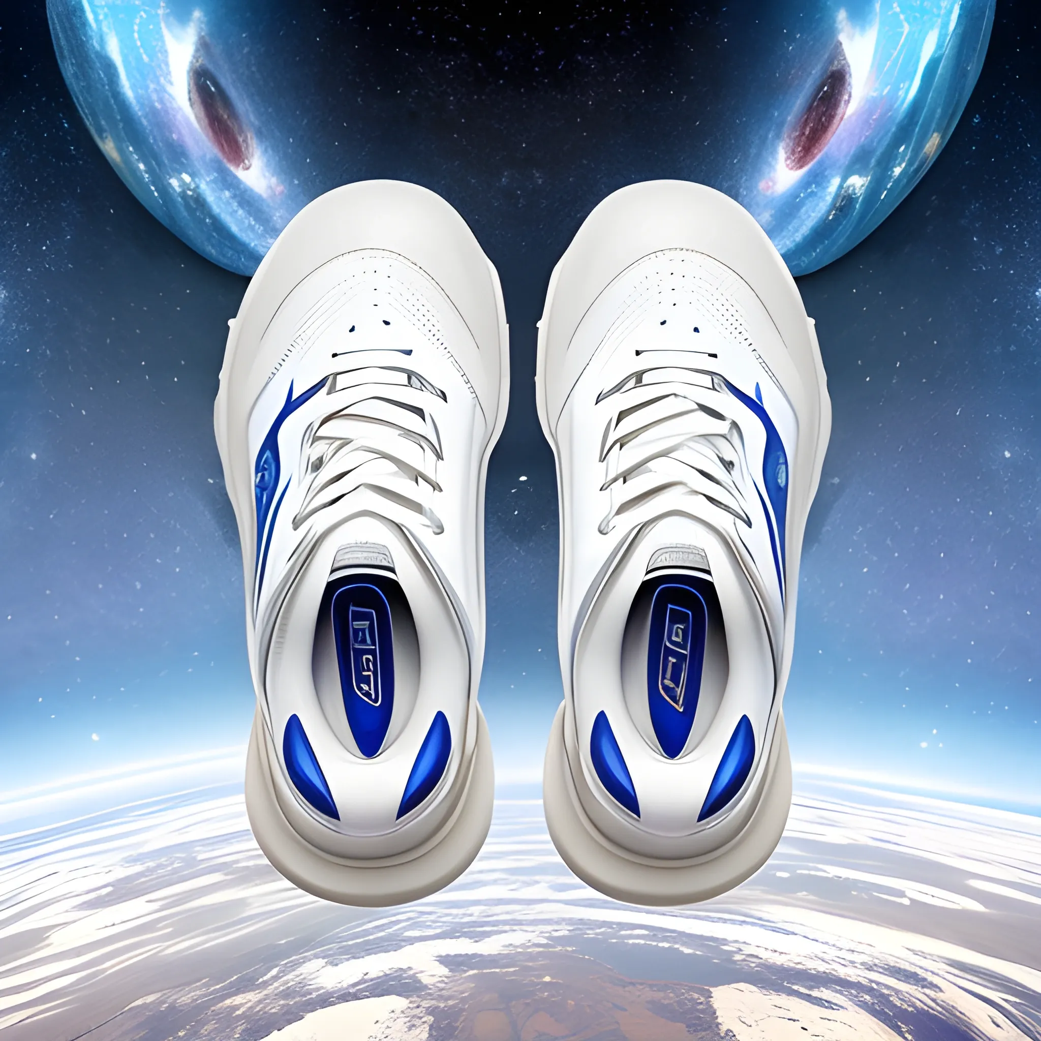 Surreal detailed low top space shoes product photo with first generation spacesuit elements, silkworm baby elements, fat feeling, full milky white design, pop in art station, smooth, whole shoe in painting, clear focus
