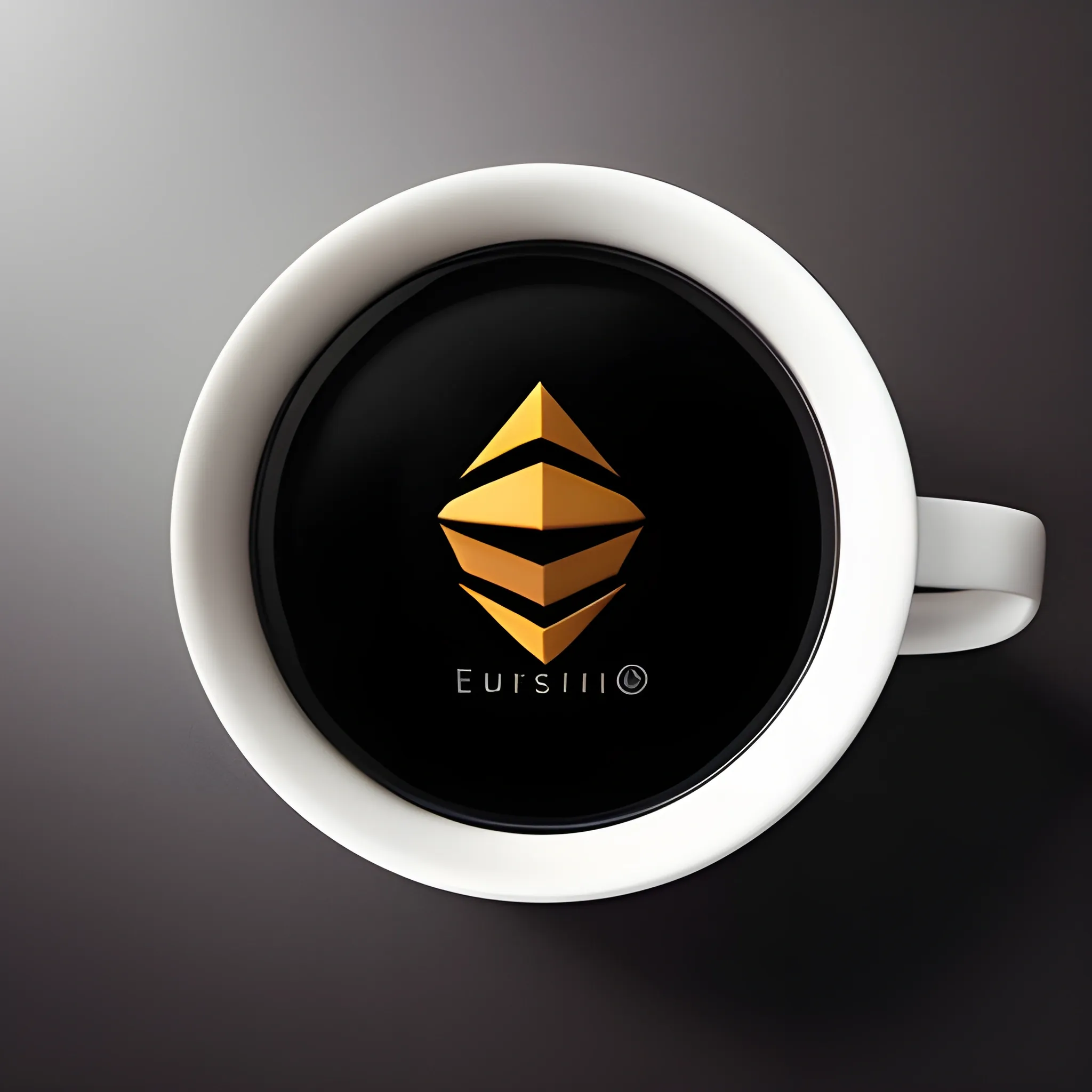 black coffee in a black cup with the Ethereum cryptocurrency logo. The cup stands on a round table., 3D