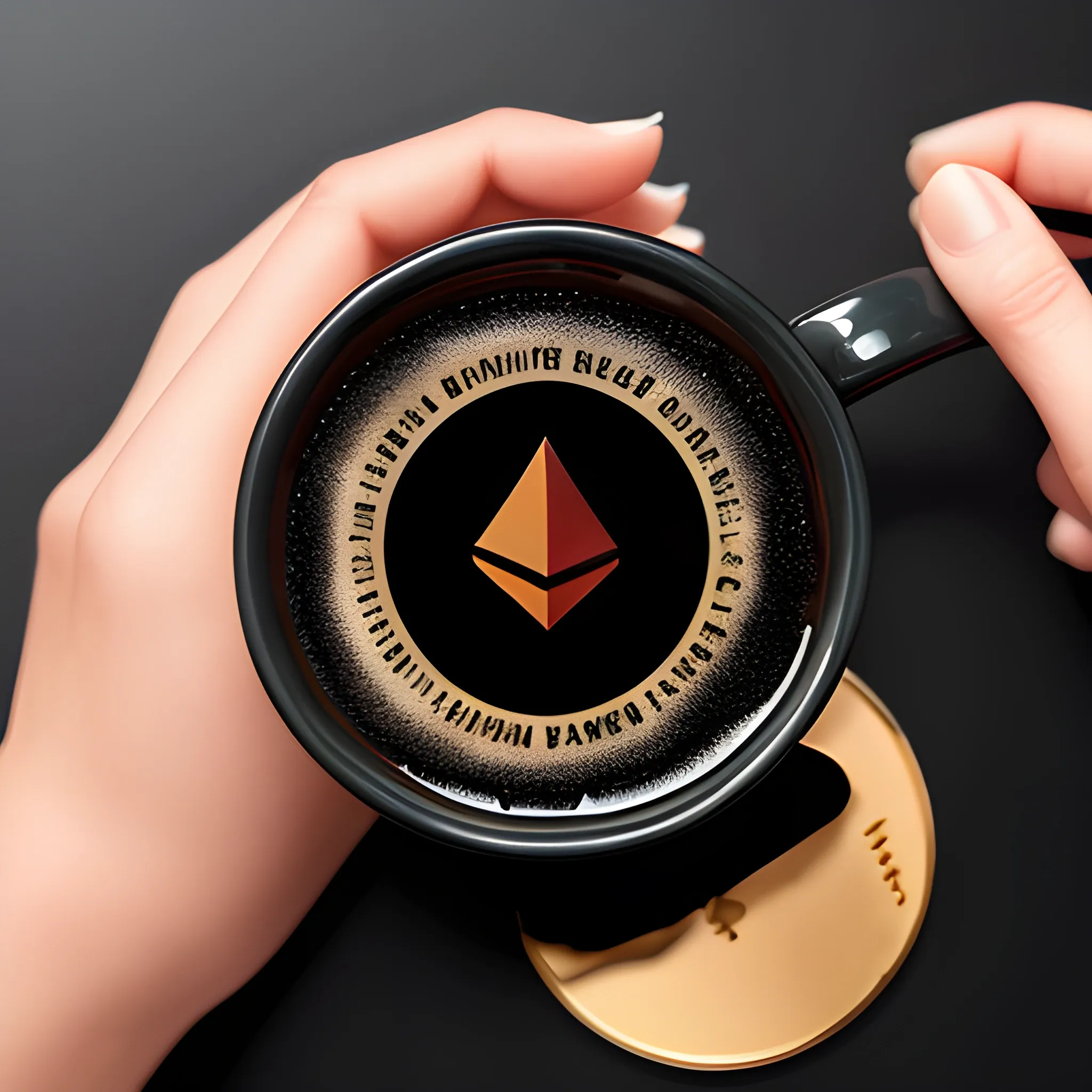 black coffee in a black cup with the Ethereum cryptocurrency logo. The cup stands on a round table., 3D