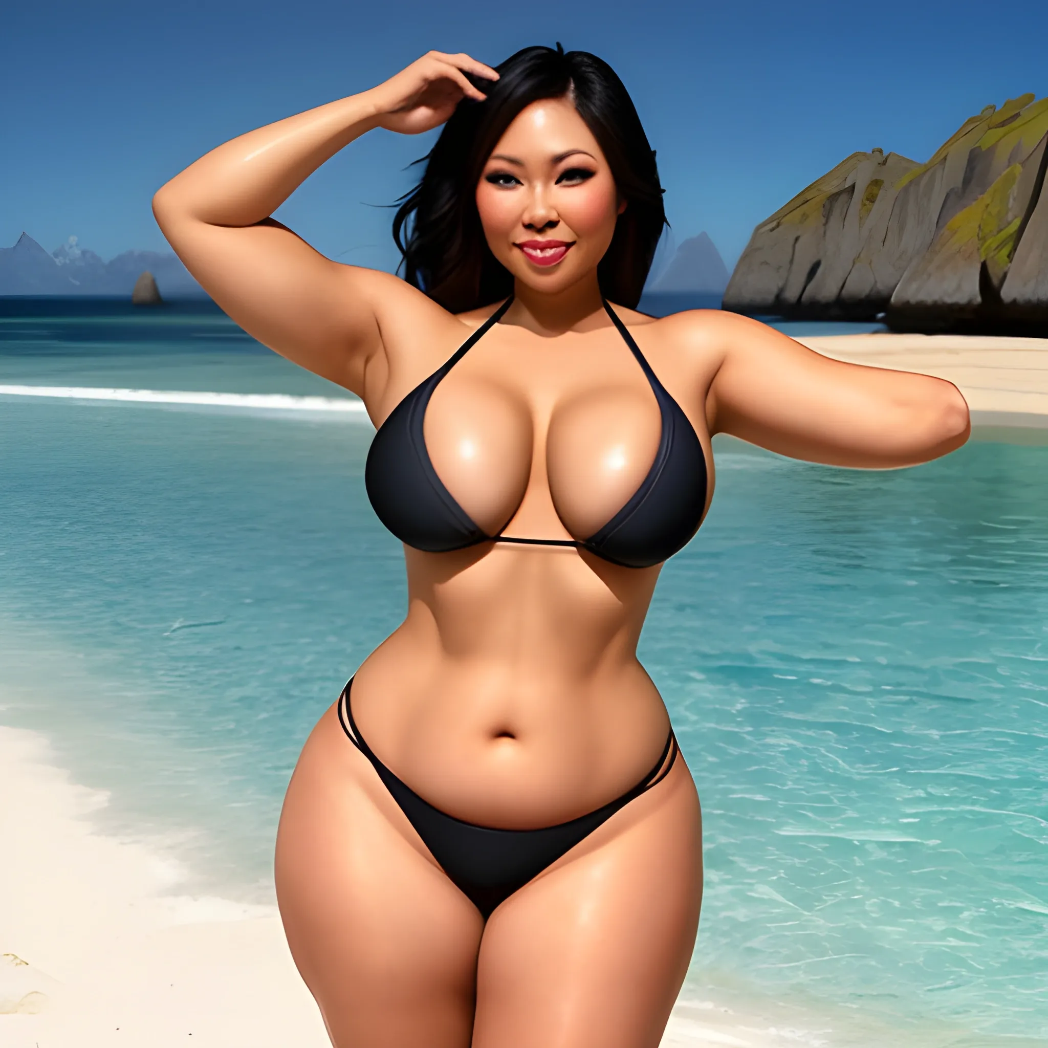 Pretty, Filipina, slightly overweight, fit, late 30s, too small microkini