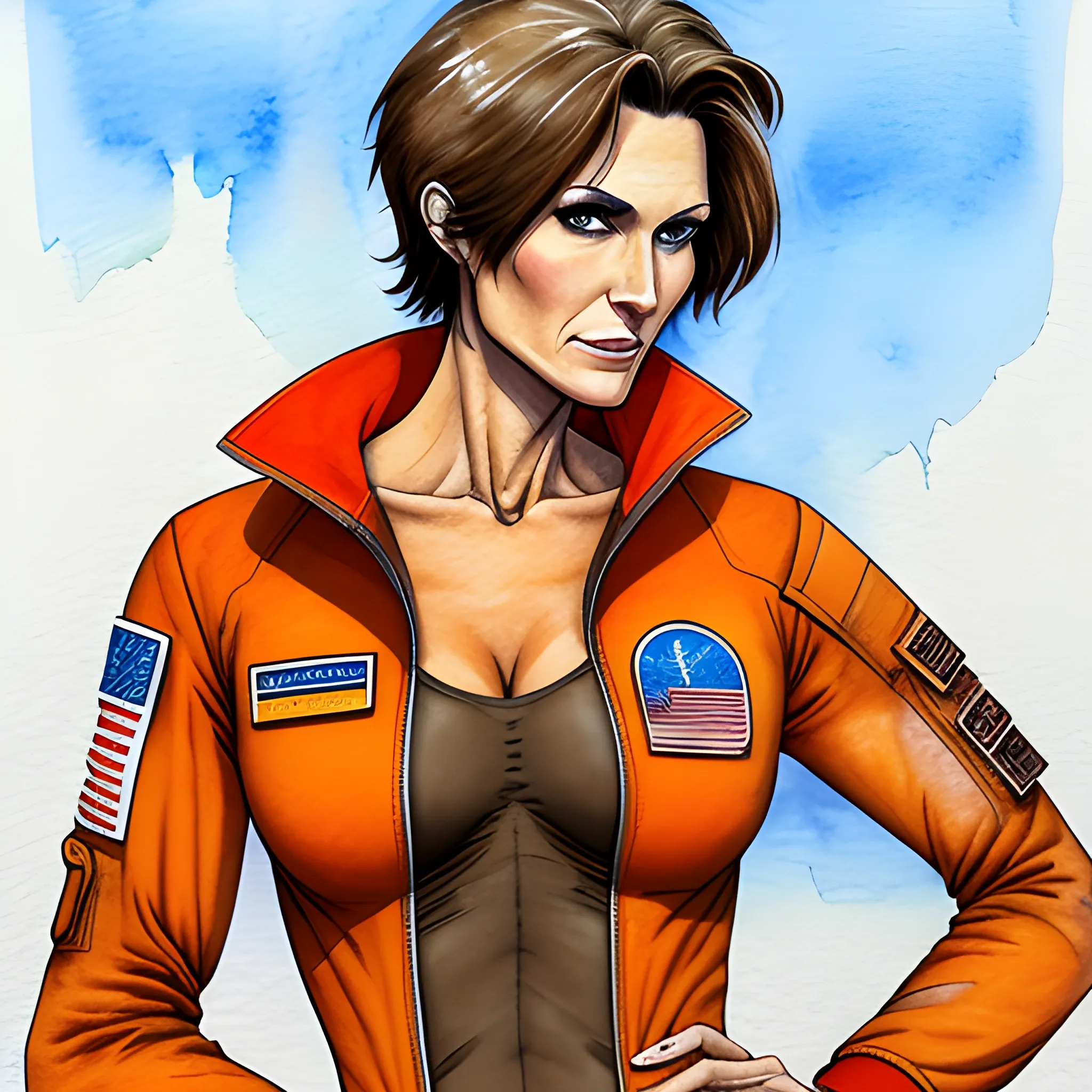 skinny adult woman in her 30s with sharp cheekbones, hazel eyes, shaggy short brown hair, small nose, thin lips, bony shoulders, wearing a burnt orange pilot's flight suit, Water Color