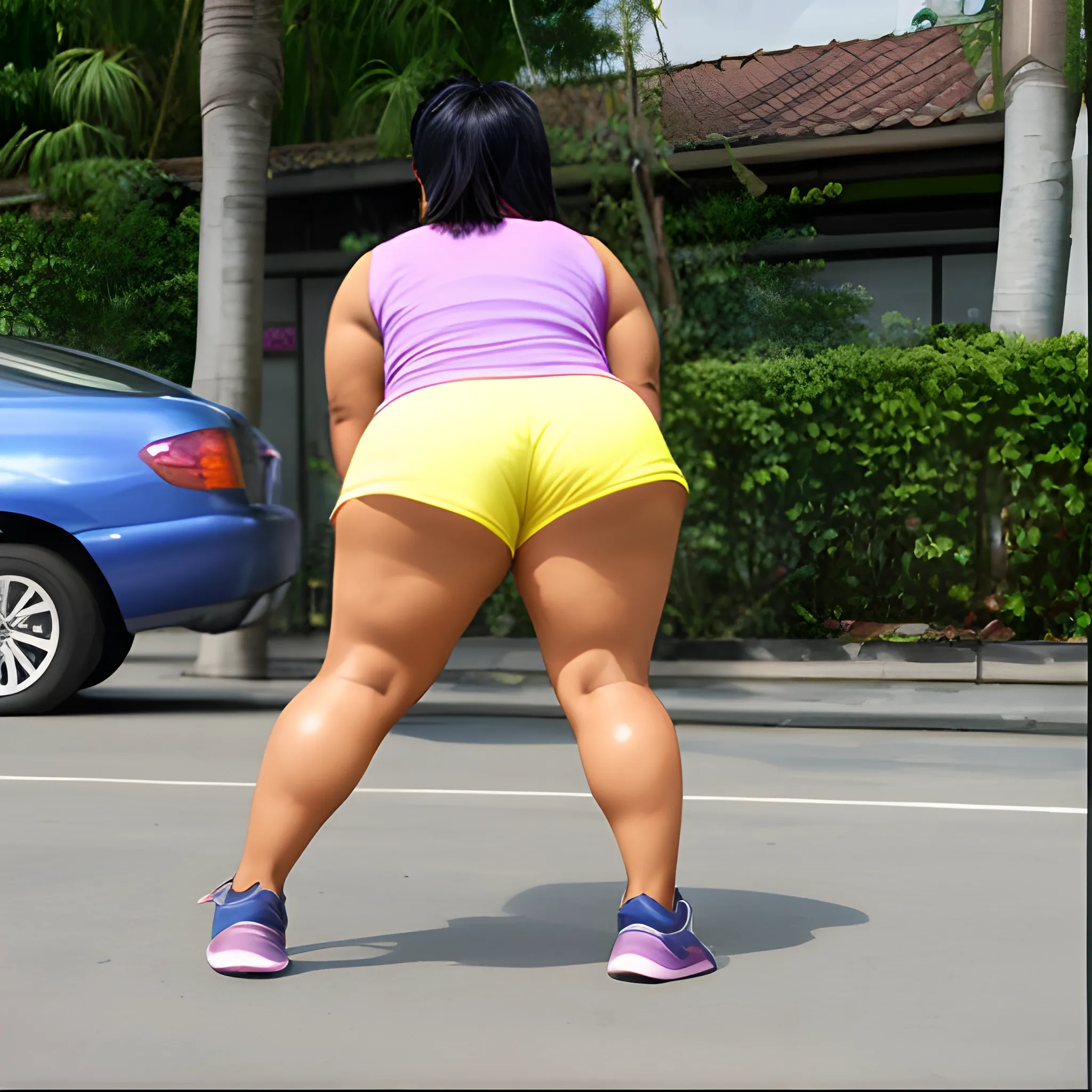 Filipina, bending down, late 30s, slightly overweight, elastic shorts, pretty face, looking back, athletic