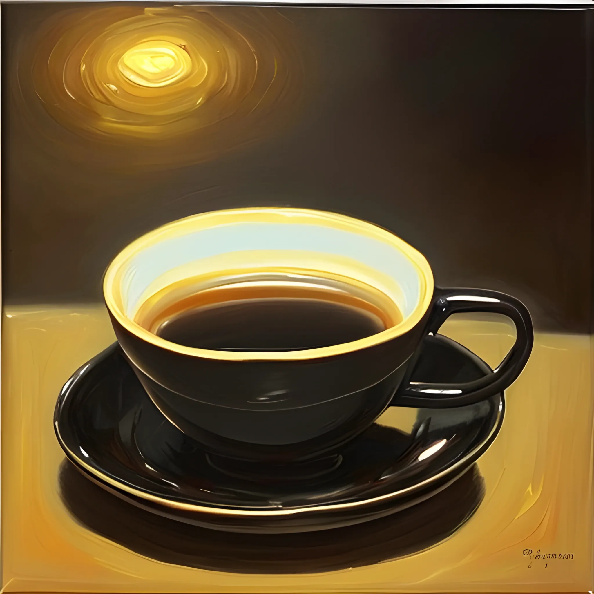 , Oil Painting cup of black coffee with a real face in the reflection