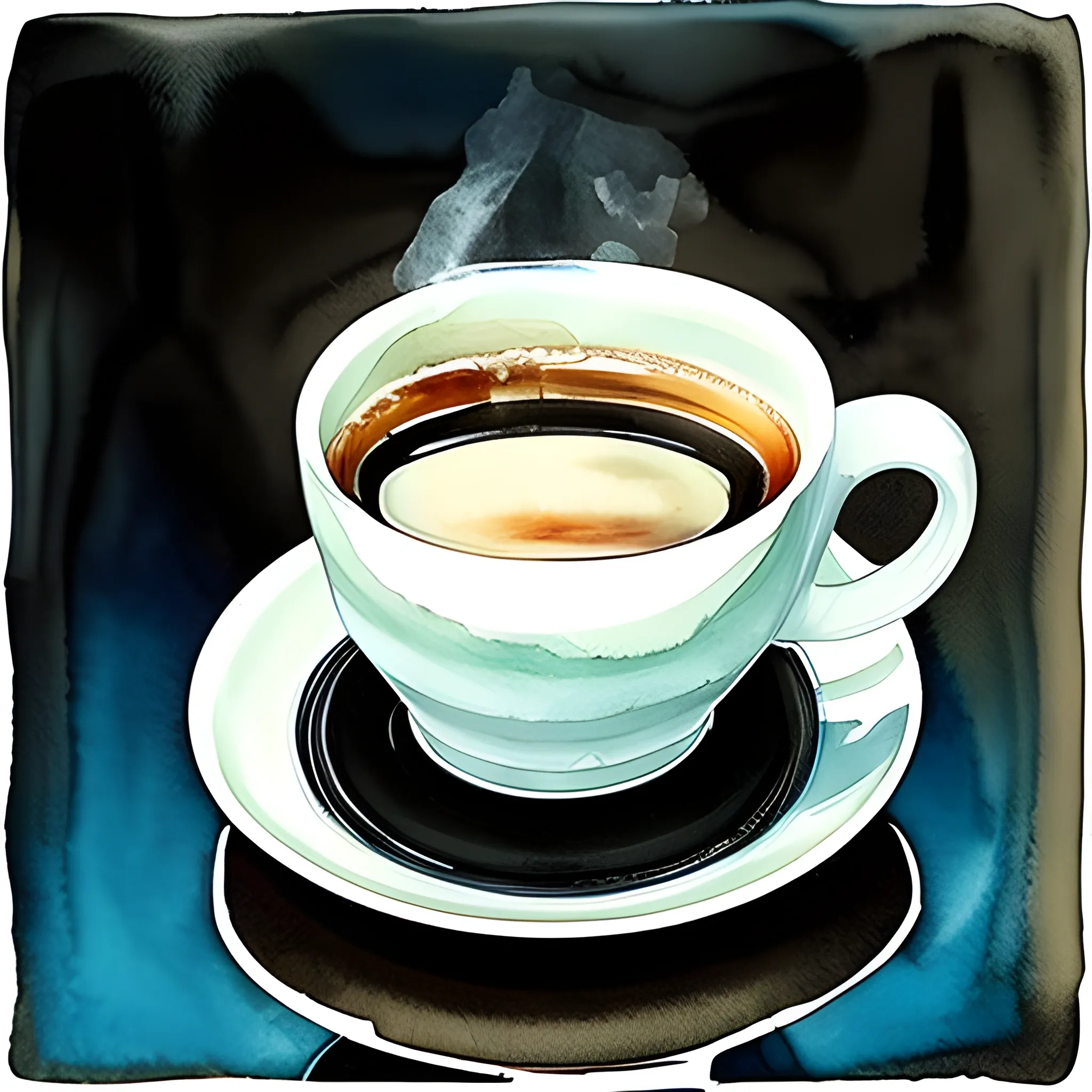 , Water Color cup of black coffee with a real face in the reflection