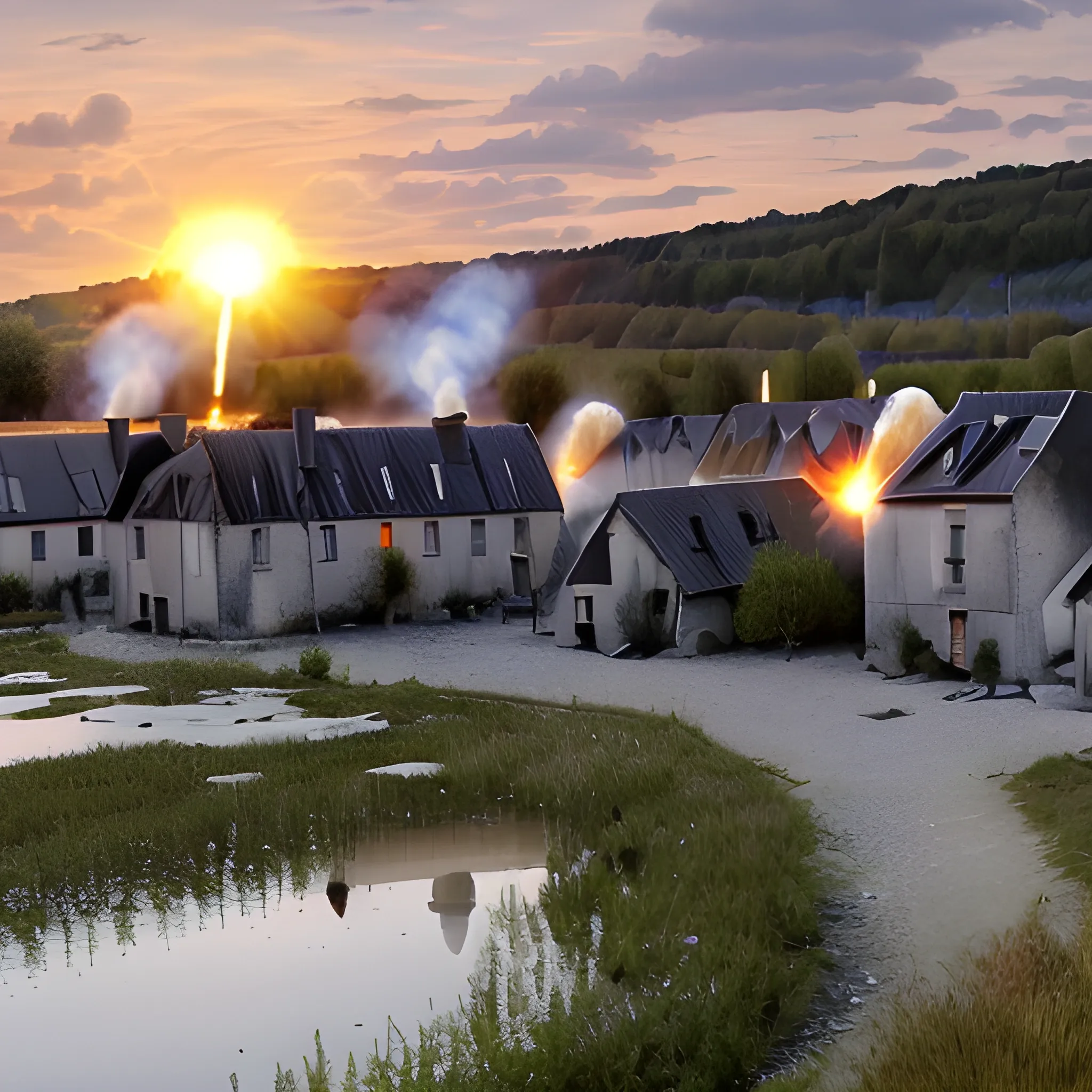 village fleuri explosion bombe Atomique, soleil couchant en arrière plan