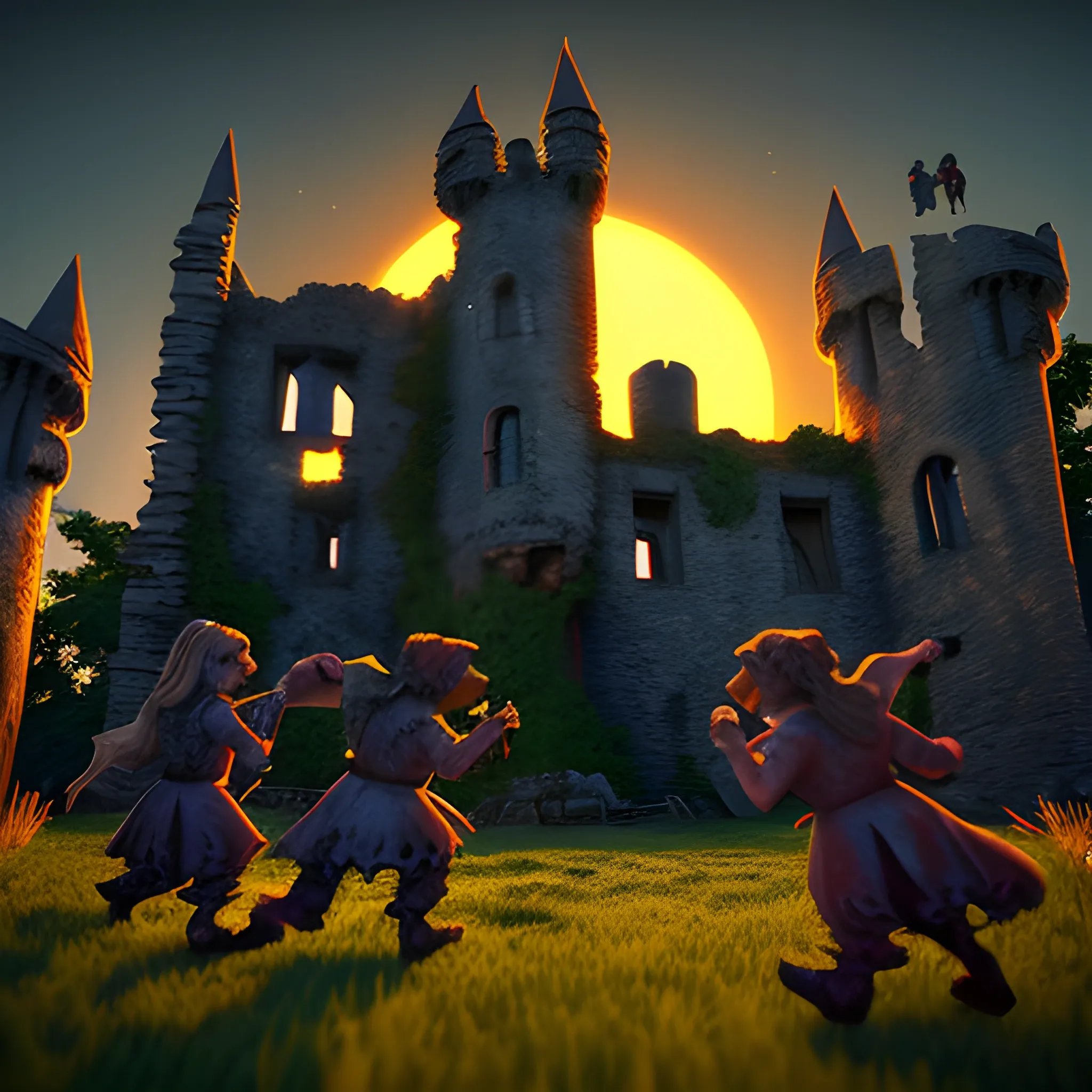 castle ruin with ghosts and werewolves and goblins dancing around the setting sun in the background, 4k ultra, 3D, Trippy