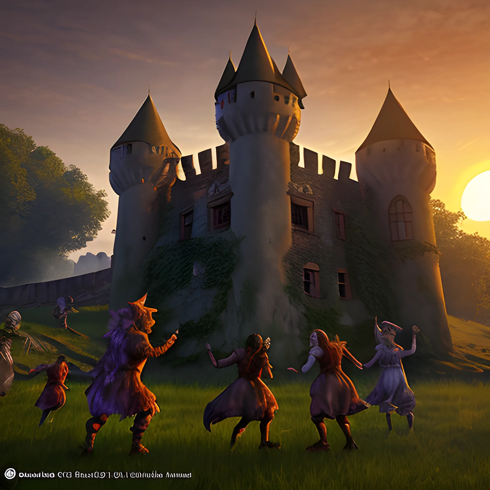 castle ruin with ghosts and werewolves and goblins dancing around the setting sun in the background, 4k ultra, 3D, 