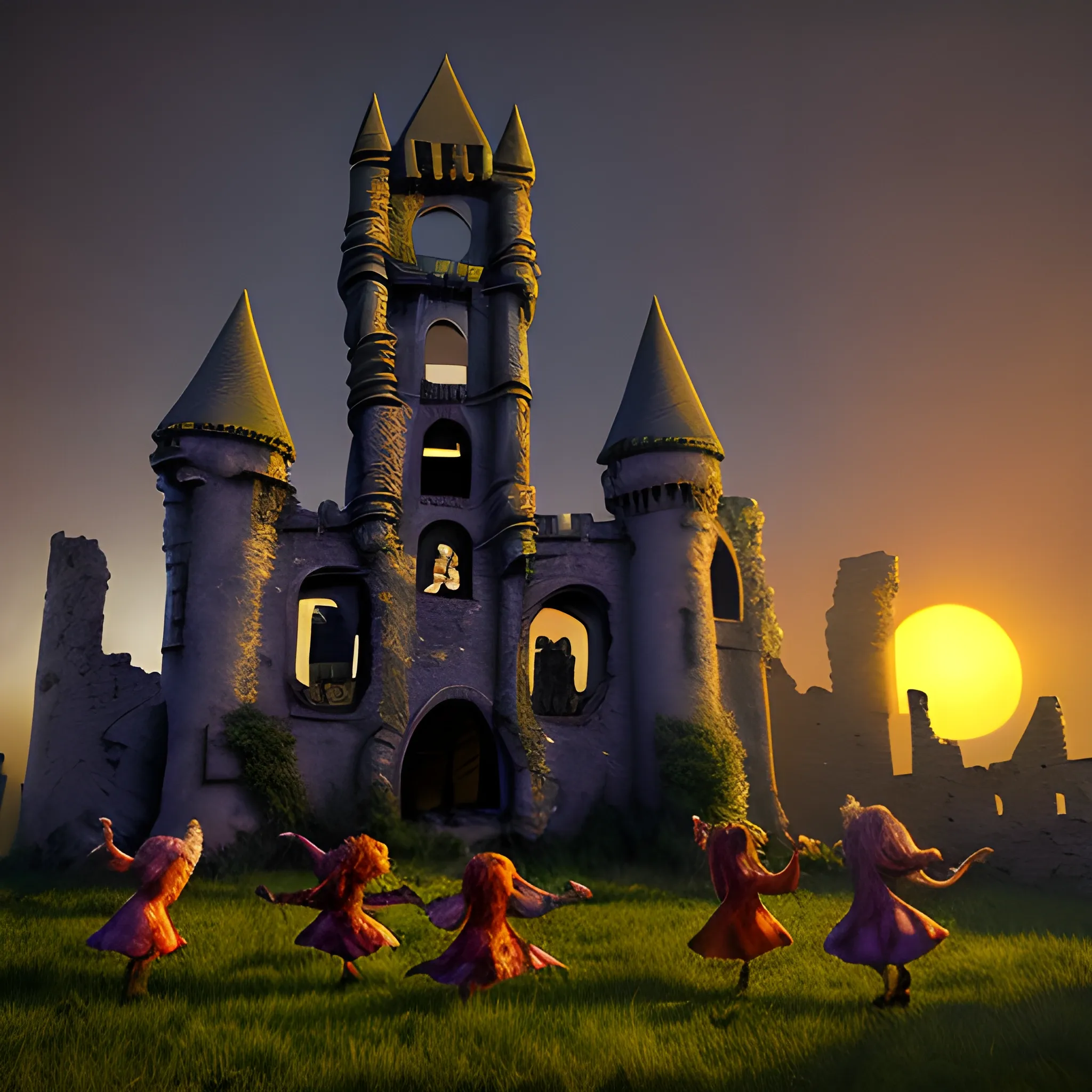 castle ruin with ghosts and werewolves and goblins dancing around the setting sun in the background, 4k ultra, 3D, , 3D, Trippy