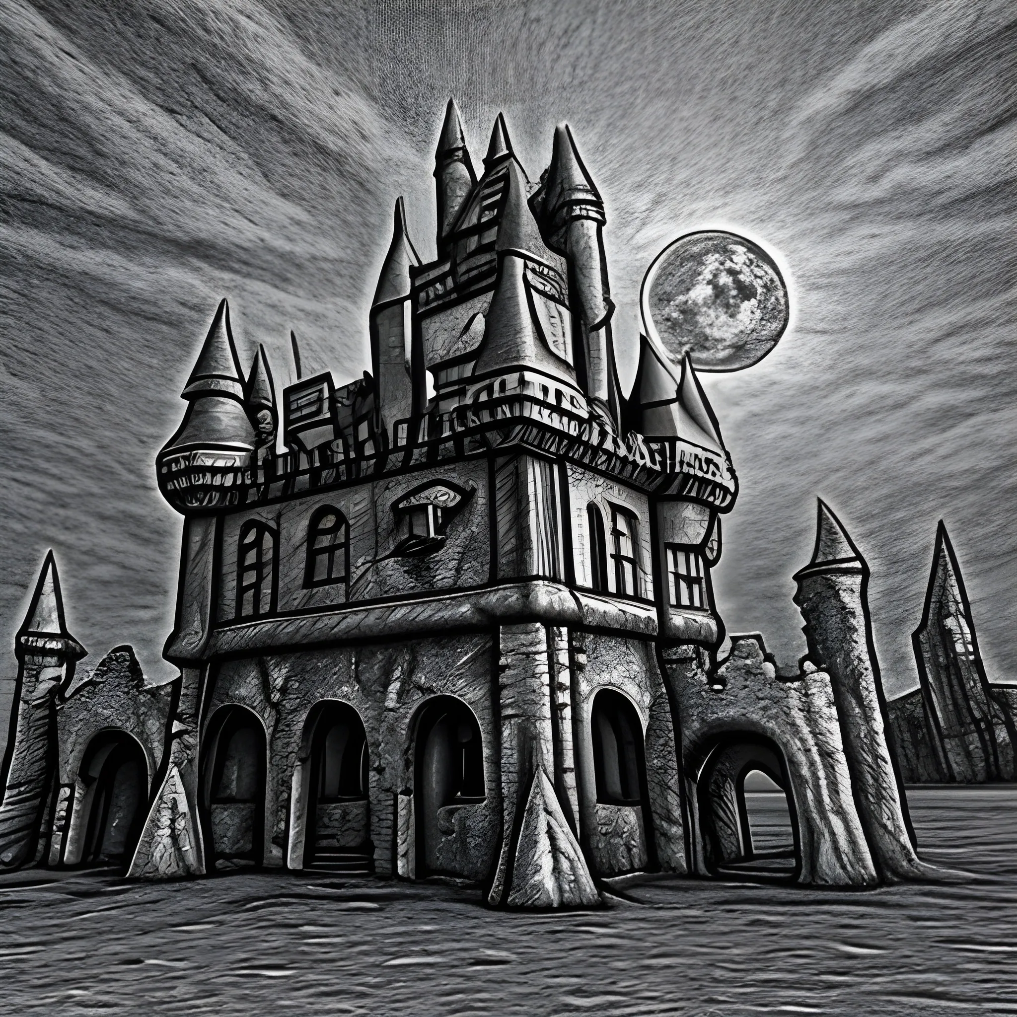 castle ruin with ghosts and werewolves and goblins dancing around the setting sun in the background, 4k ultra, 3D, , 3D, Trippy, Pencil Sketch