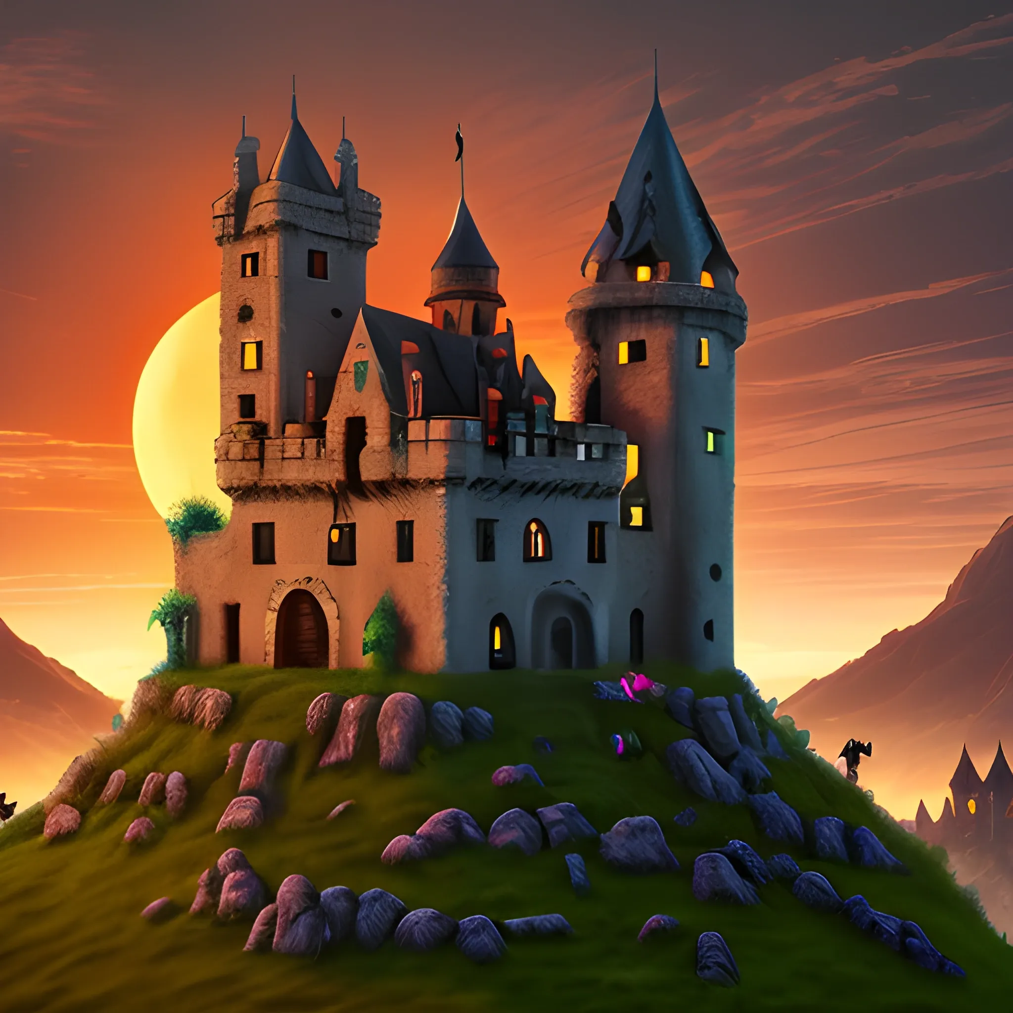 castle ruin, with ghosts and werewolves, and goblins, dancing around, the setting sun in the background, 4k ultra,, Cartoon