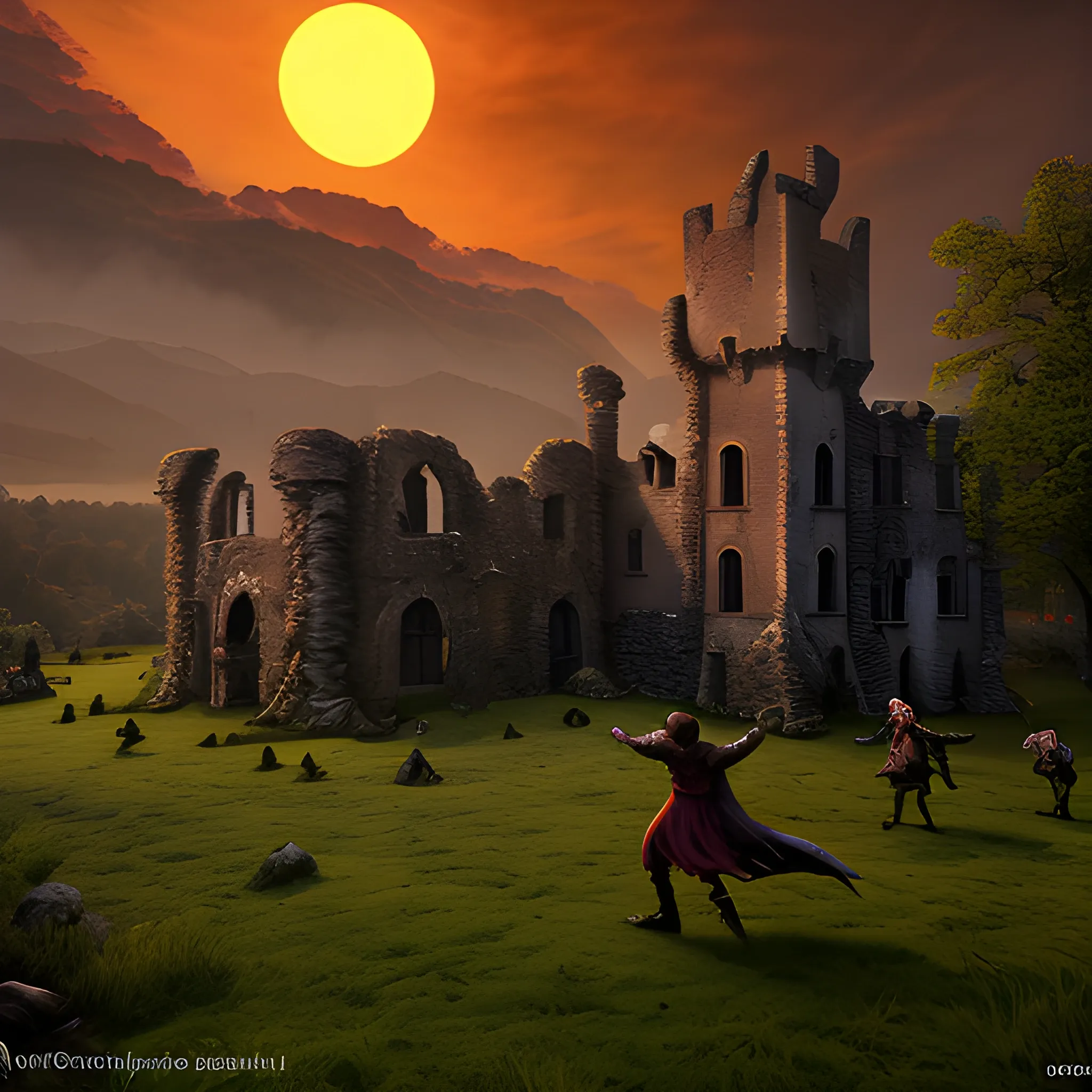 """"castle ruin, ""with ghosts"" and werewolves, and goblins, dancing around, "" the setting sun in the background"", 4k ultra """"