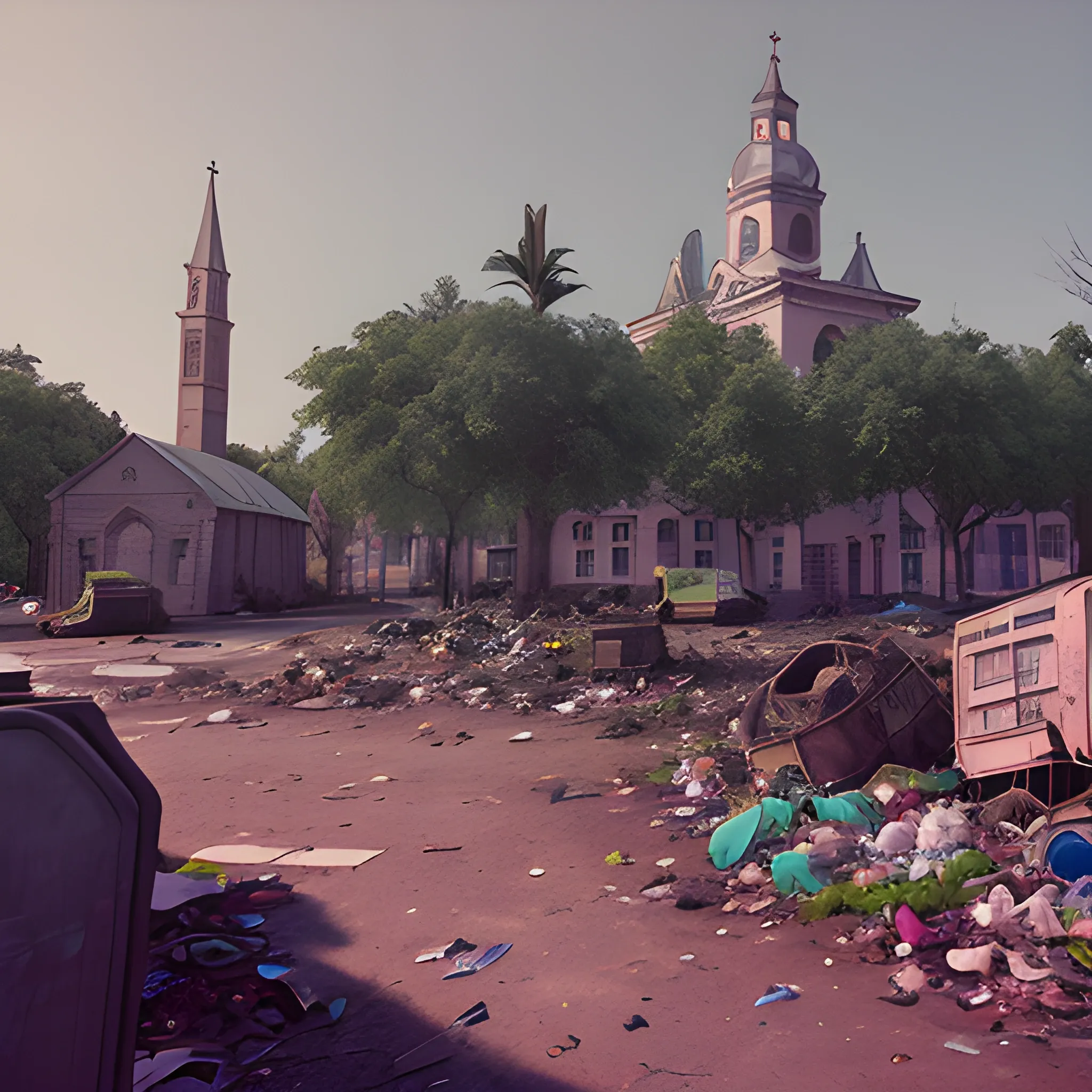 In a city forgotten by time. In the distance is the park with a kiosk in the center and a church in front, plus everything full of garbage in every corner. Great at 3D film vibes, capable of complex scenes with rich color. Storyboard time