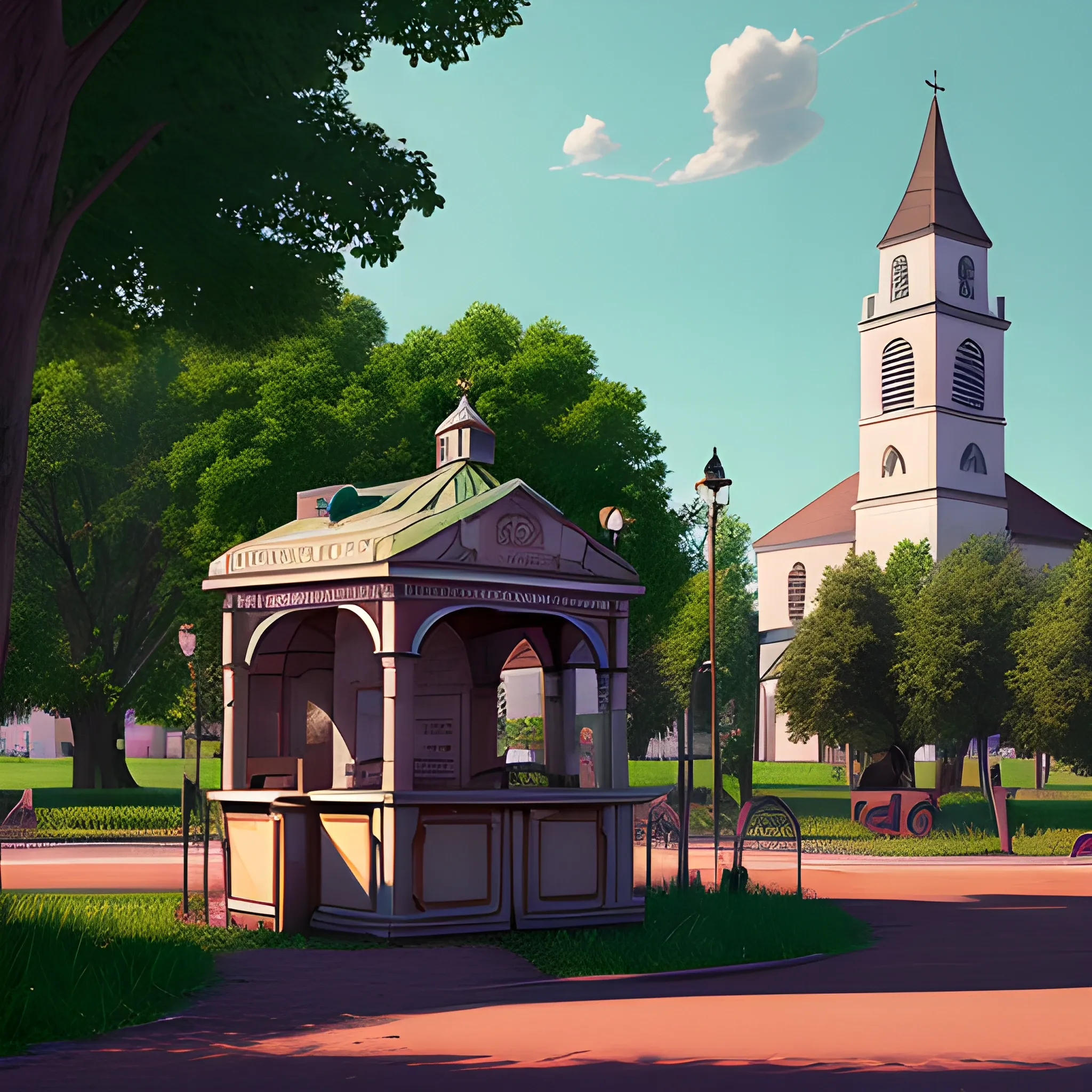 In a city forgotten by time. In the distance is the park with a kiosk in the center and a church in front, plus everything full of garbage in every corner. Great at 3D film vibes, capable of complex scenes with rich color. Storyboard time, Cartoon