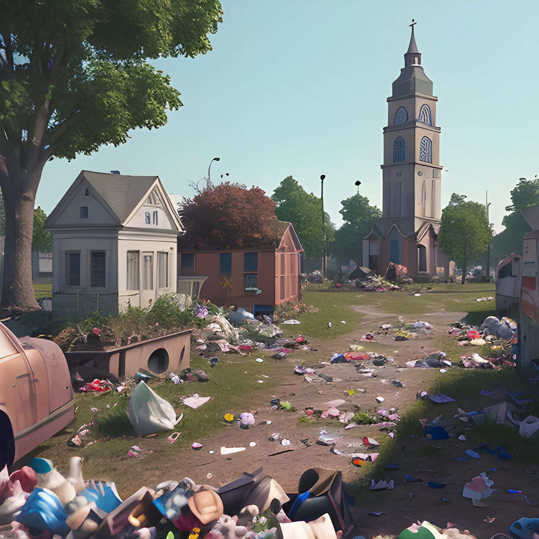 In a city forgotten by time. In the distance is the park with a kiosk in the center and a church in front, plus everything full of garbage in every corner. Great at 3D film vibes, capable of complex scenes with rich color. Storyboard time, Cartoon, 3D