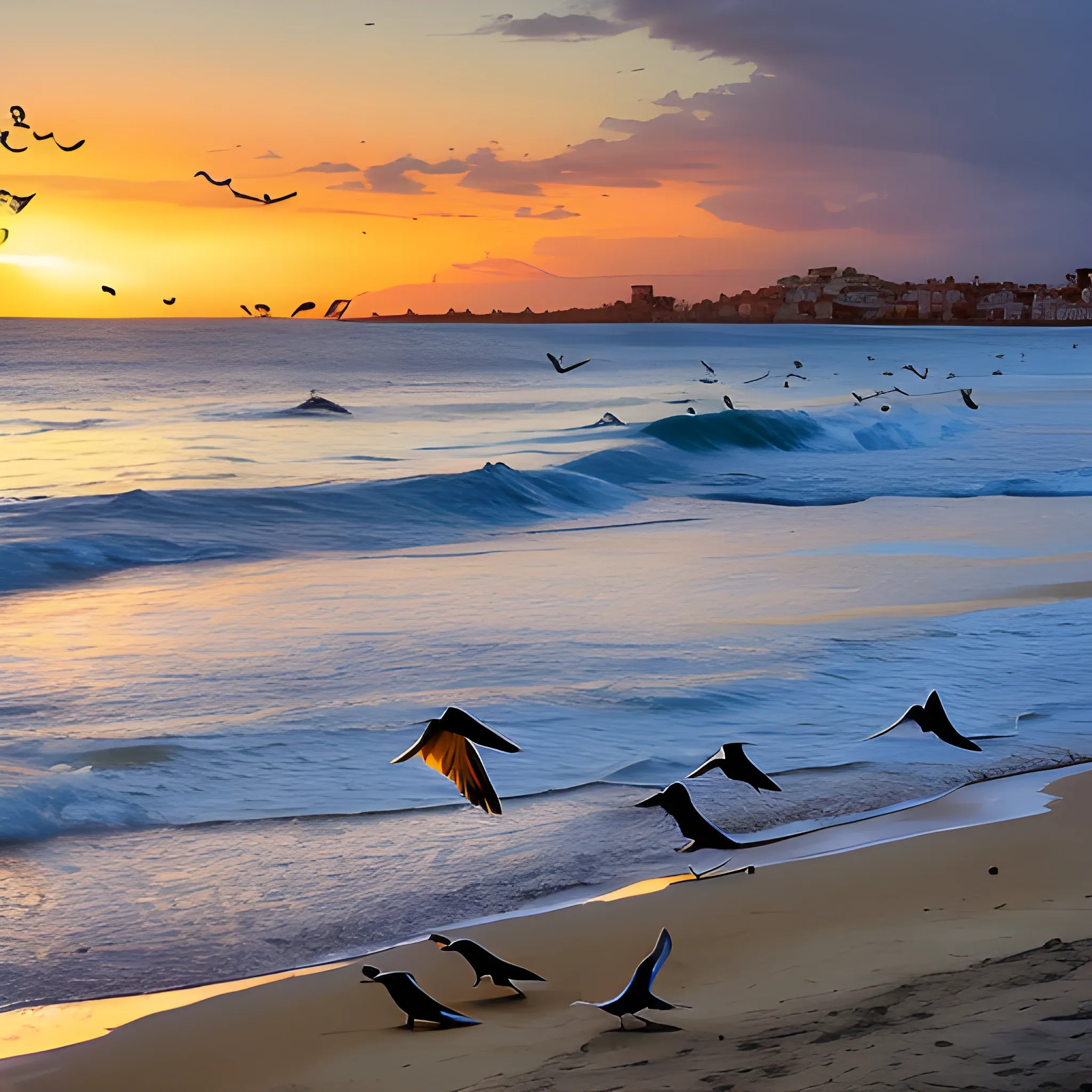 Un atardecer en la playa: Visualiza una playa tranquila, con la arena dorada extendiéndose hacia el horizonte. El sol se pone lentamente, tiñendo el cielo de tonos cálidos y naranjas. Las olas rompen suavemente en la orilla mientras las gaviotas vuelan en círculos.