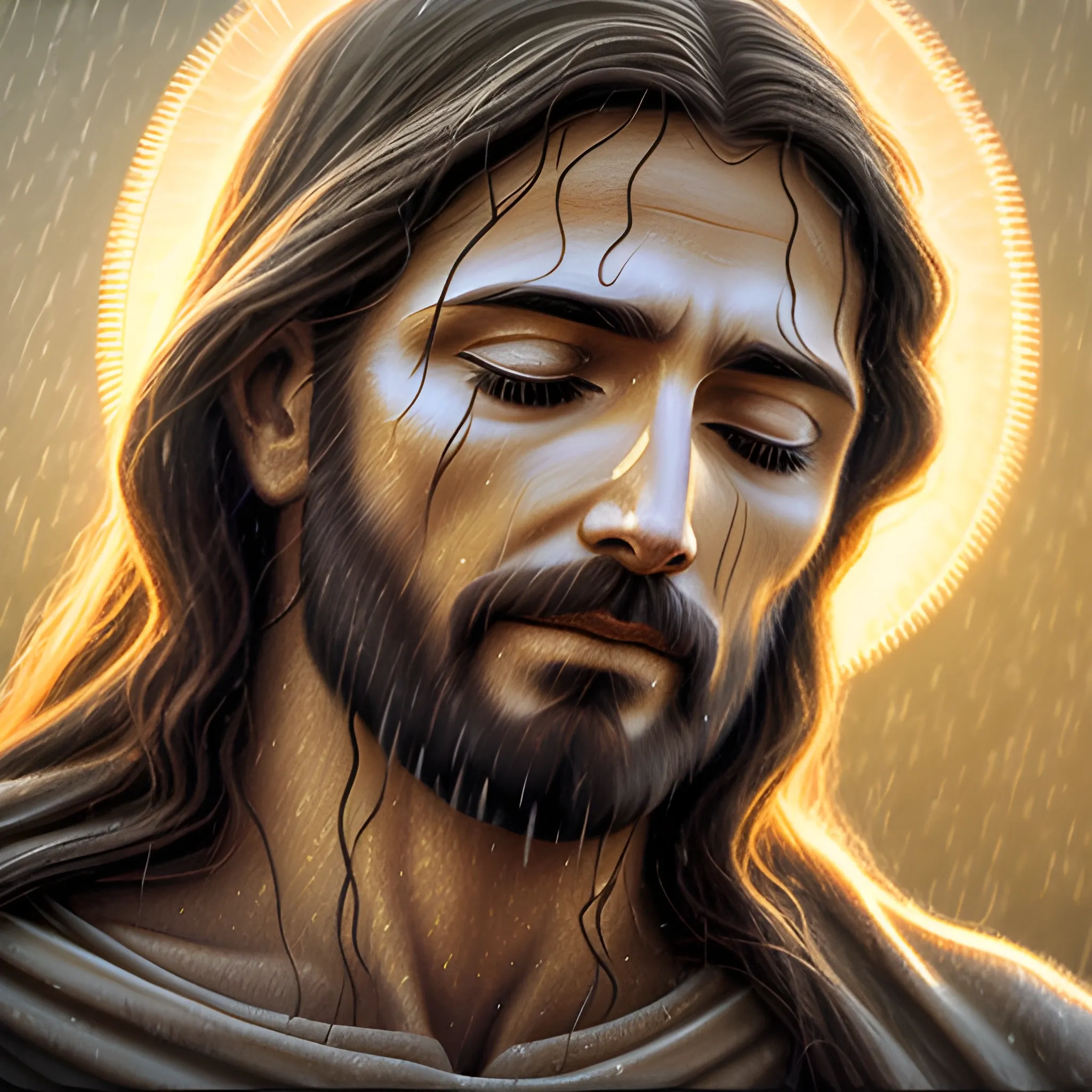 serene jesus christ in the rain, realistic, 4k, bright light face, close eyes, Cartoon