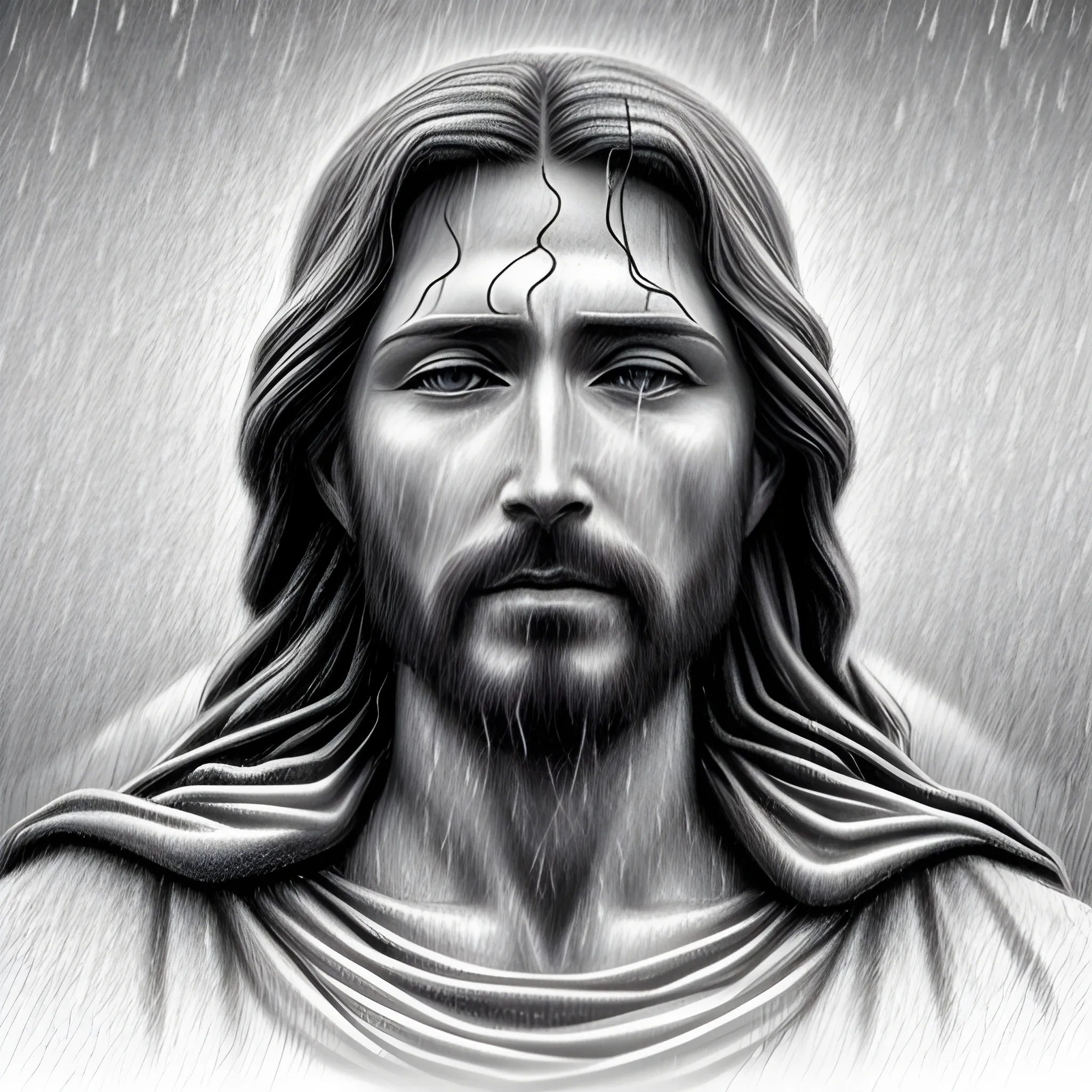 serene jesus christ in the rain, realistic, 4k, bright light face, close eyes, Cartoon, 3D, Pencil Sketch