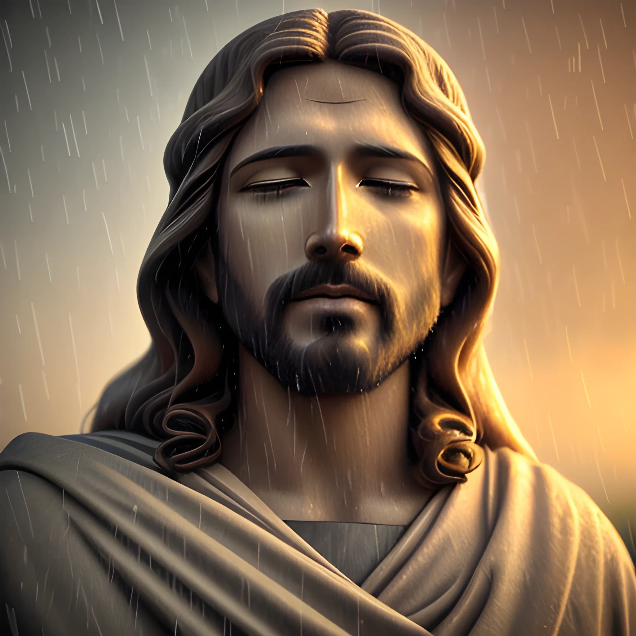 serene jesus christ in the rain, realistic, 4k, bright light face, close eyes, Cartoon, 3D