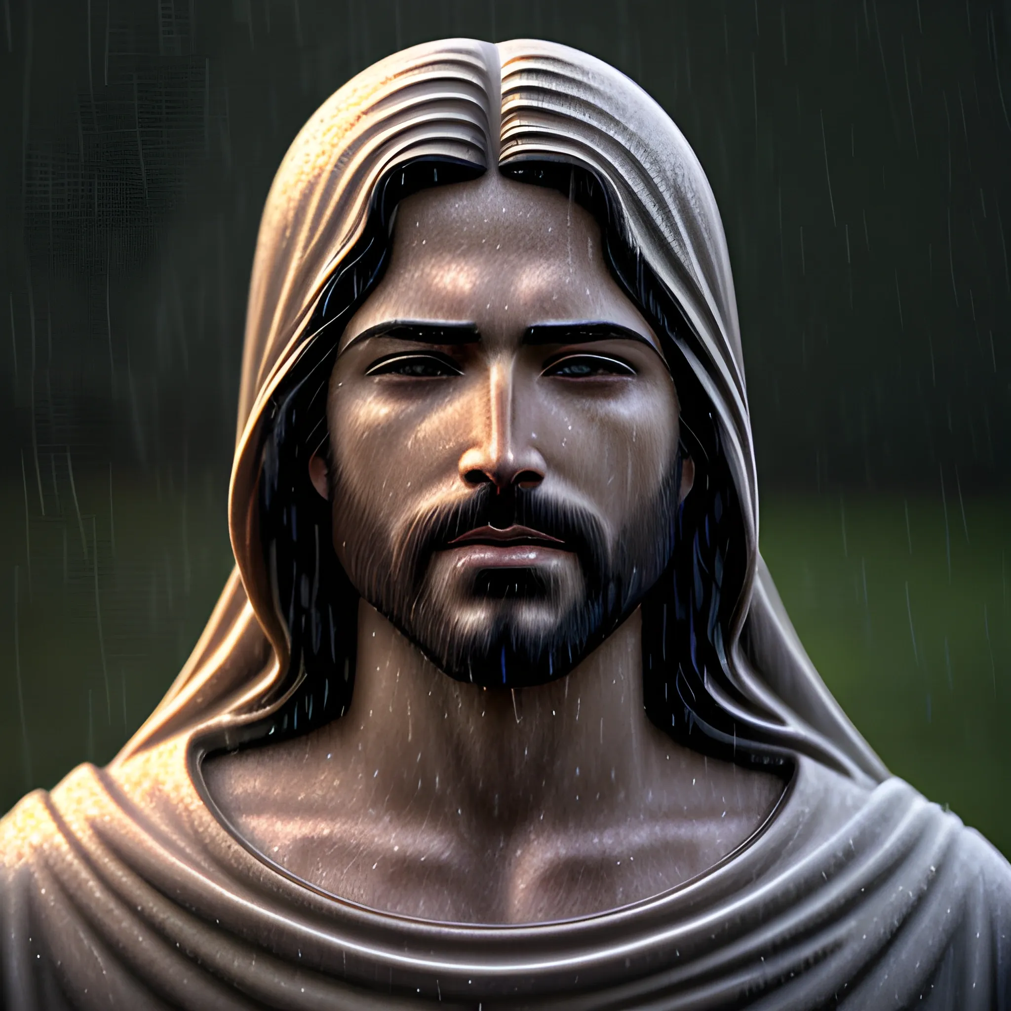 serene jesus christ in the rain, realistic, 4k, bright light face, close eyes, Cartoon, 3D