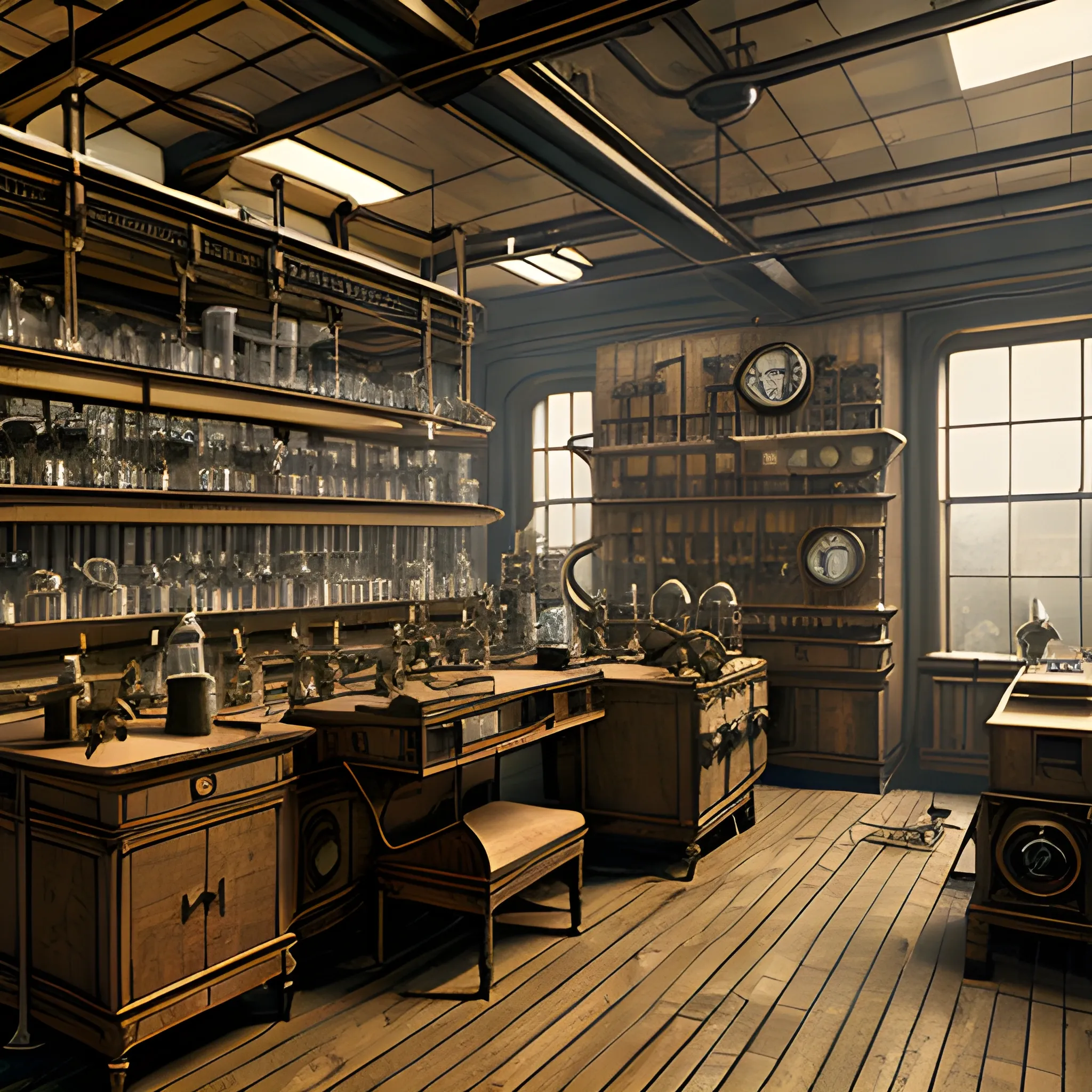 steampunk laboratory interior, medical hall, realistic, 19th century, hall, no people in there