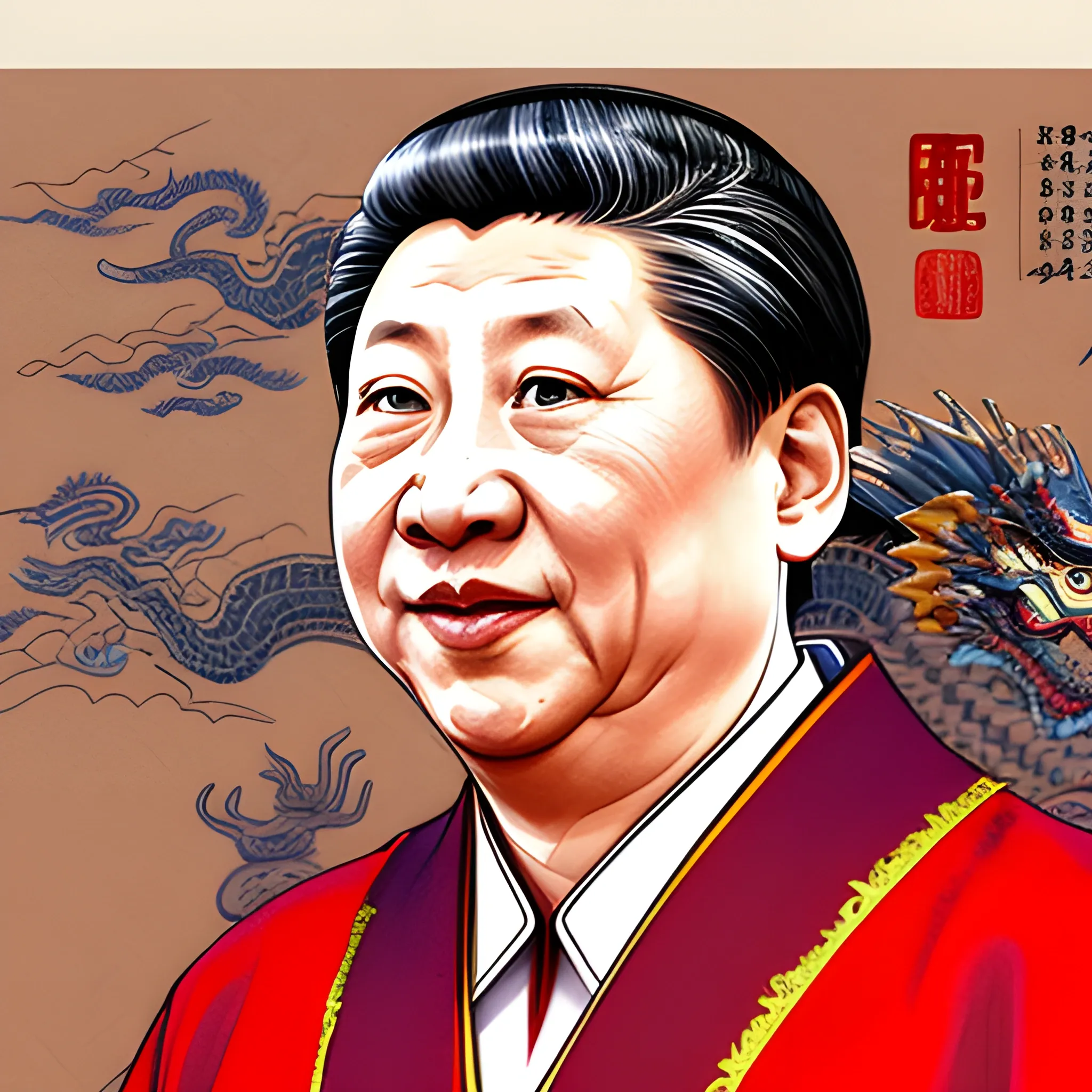 xi president wearing dragon robe, chinese leader, illustration