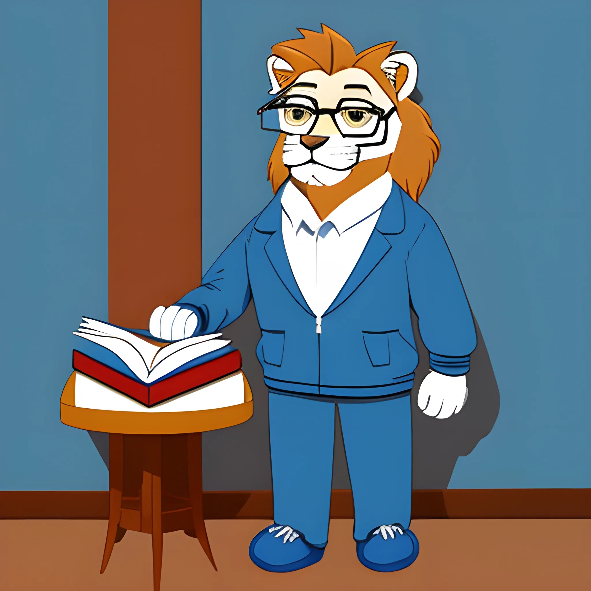 Full-length college lion in blue clothes, wearing glasses and holding a book, Cartoon