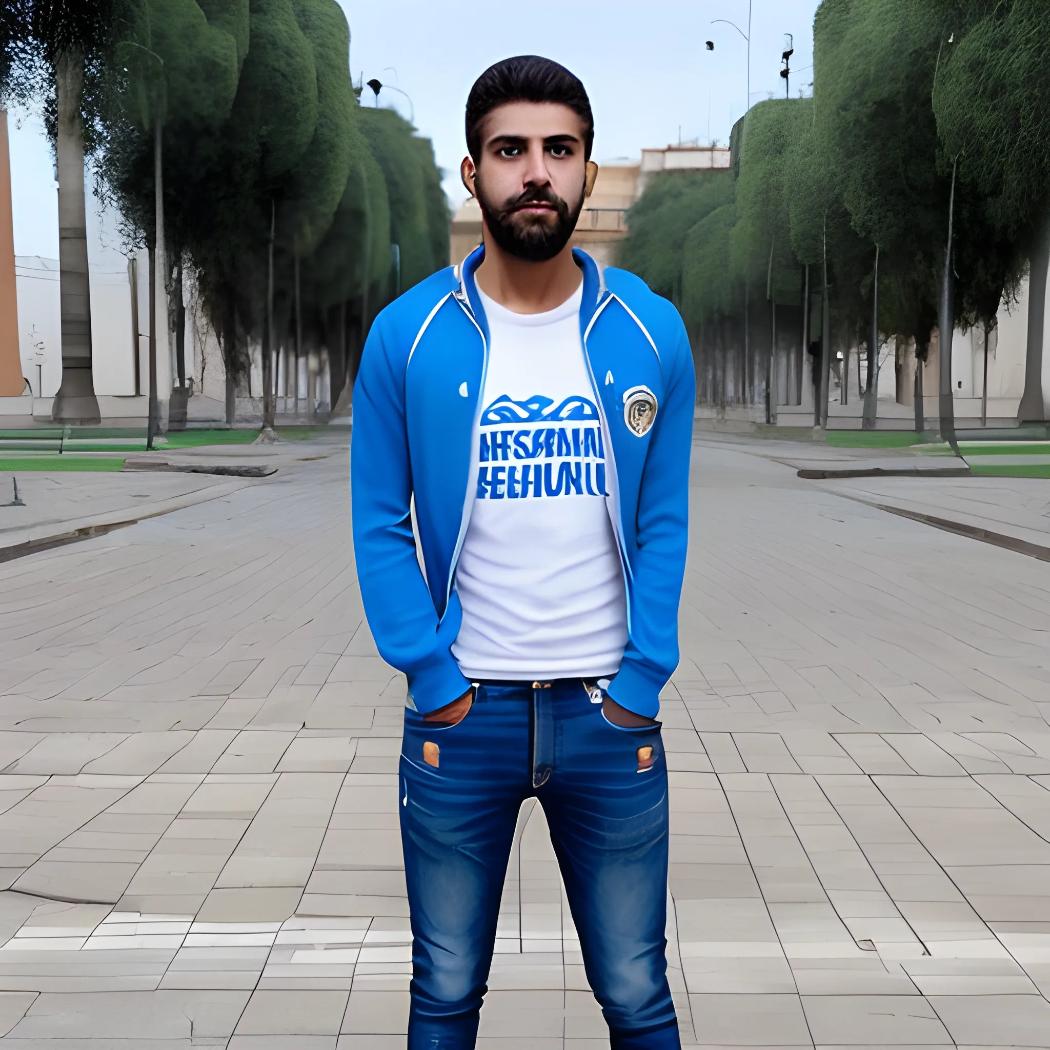 Cuerpo entero de un leon universitario humanoide con ropa azul 