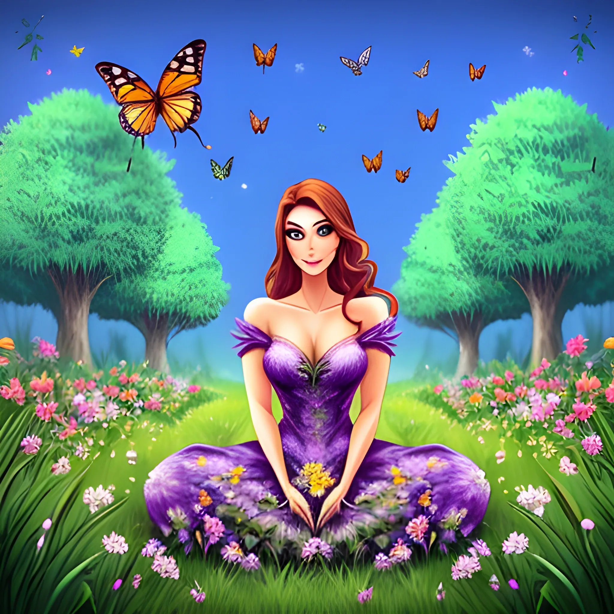 a beautiful little girl sitting in grass in a fantasy world with lighting trees with flowers and leaves and small insects and a lot of beautiful birds and butterflies are flying, Cartoon