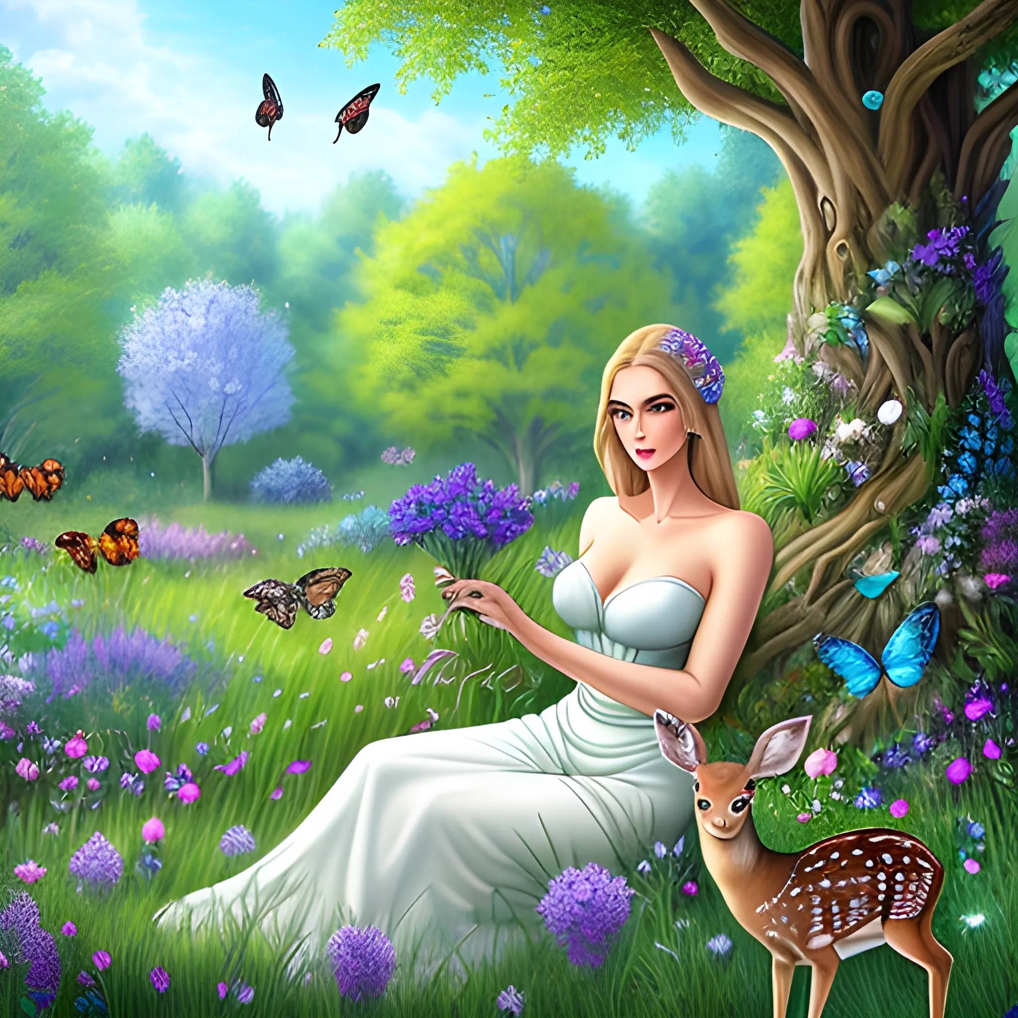 a beautiful blue eyed girl sitting in grass and a fawn in her lap in a fantasy world with lighting trees with flowers and leaves and small insects and a lot of beautiful birds and butterflies are flying, Cartoon