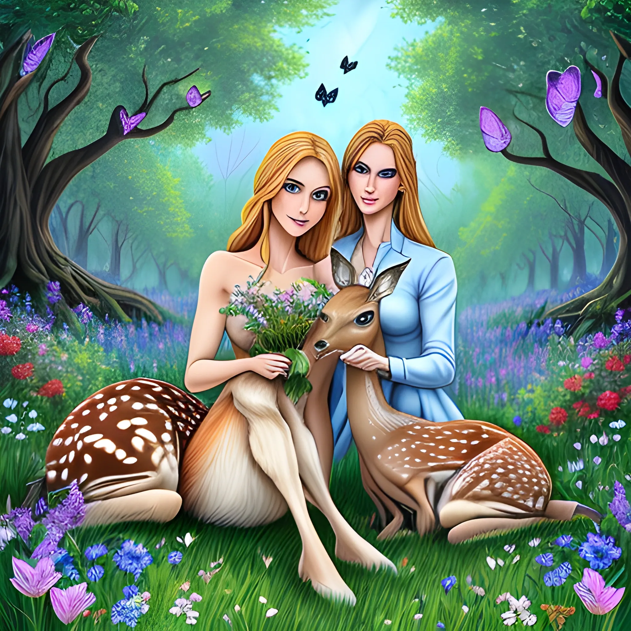 a beautiful blue eyed girl sitting in grass and a fawn in her lap in a fantasy world with lighting trees with flowers and leaves and small insects and a lot of beautiful birds and butterflies are flying, Cartoon
