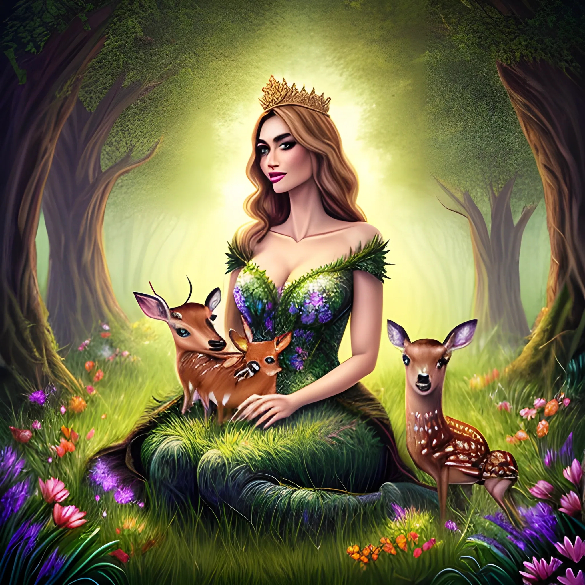 a beautiful girl with crown sitting in grass and a fawn in her lap in a fantasy world with lighting trees with flowers and leaves and small insects and a lot of beautiful birds and butterflies are flying, Cartoon