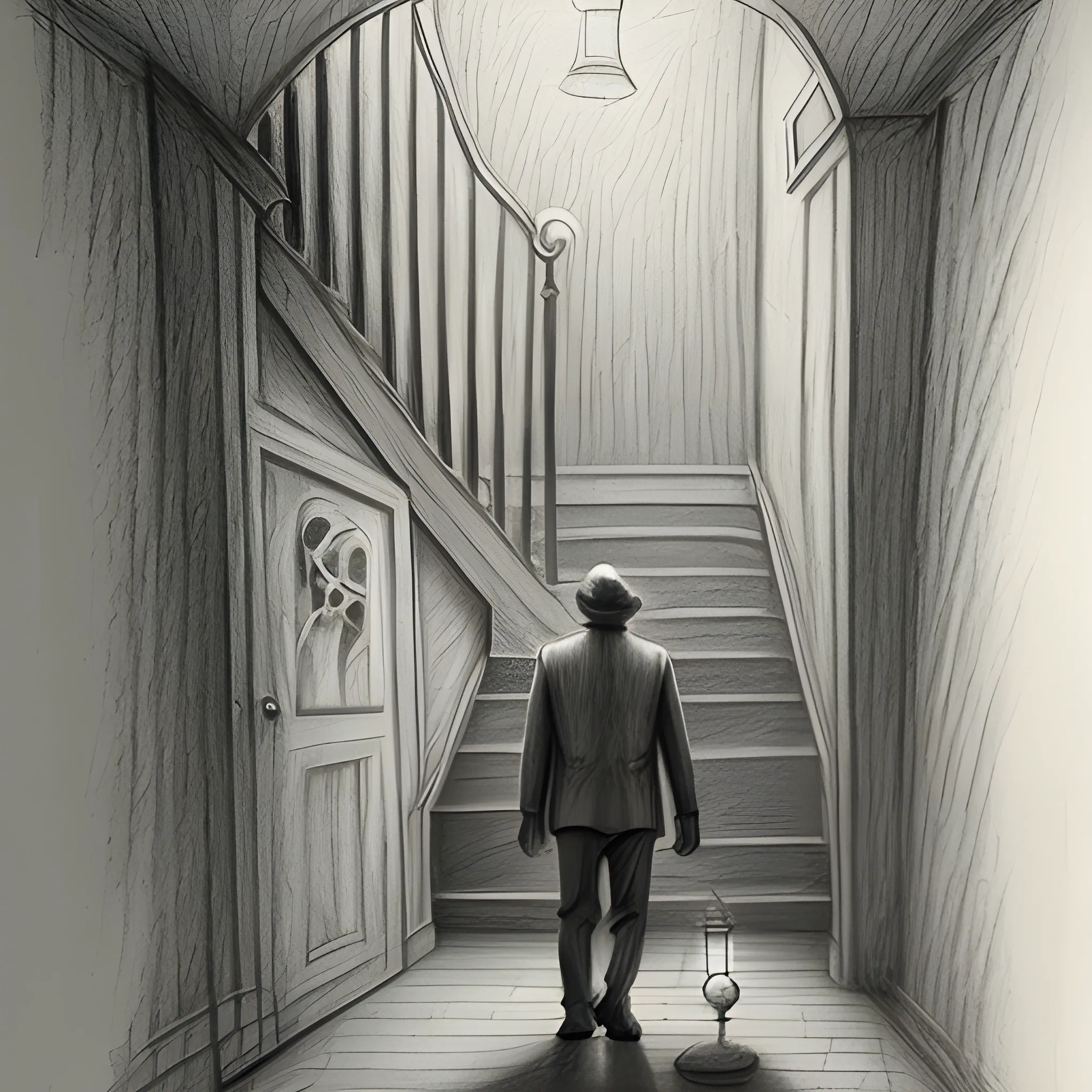 a man with a lamp going to under stairs in a creepy room, Pencil Sketch