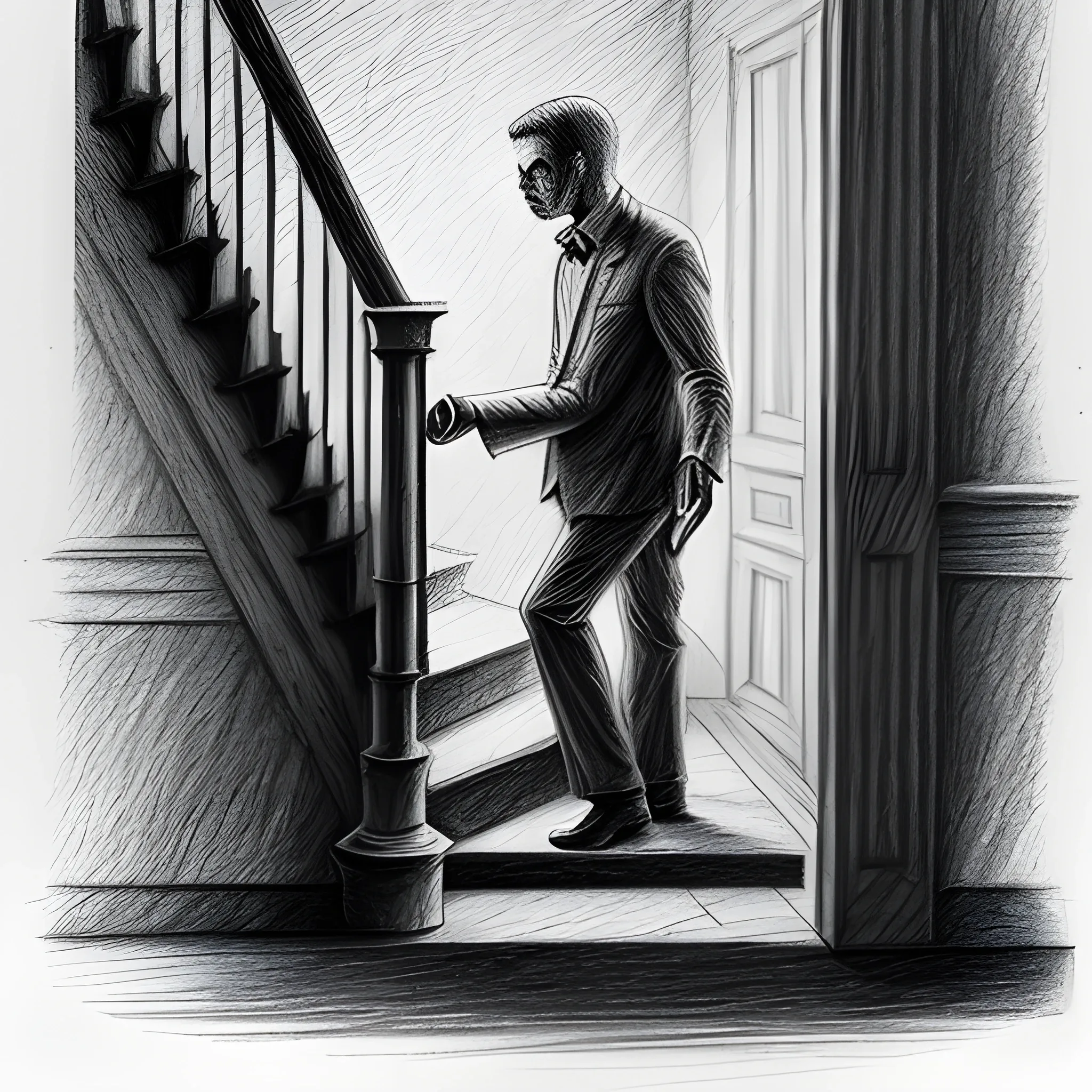 a man with a lamp going to down stairs in a creepy room, Pencil Sketch
