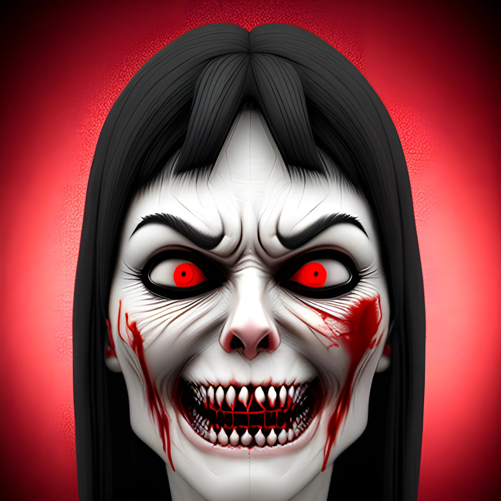creepy girl with sharp teeth's in her cheeks with blood, 3D