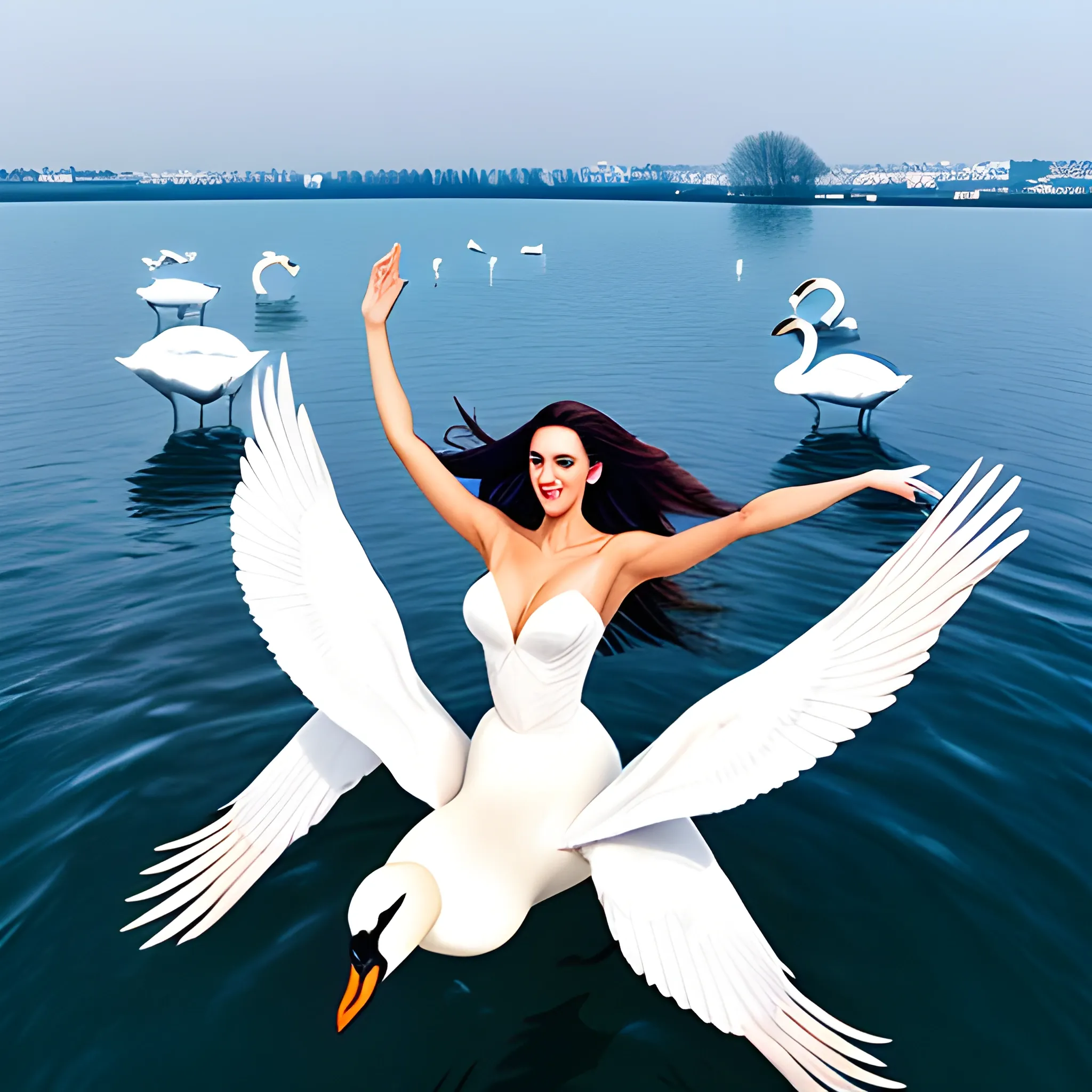 beautiful girl flying with swans