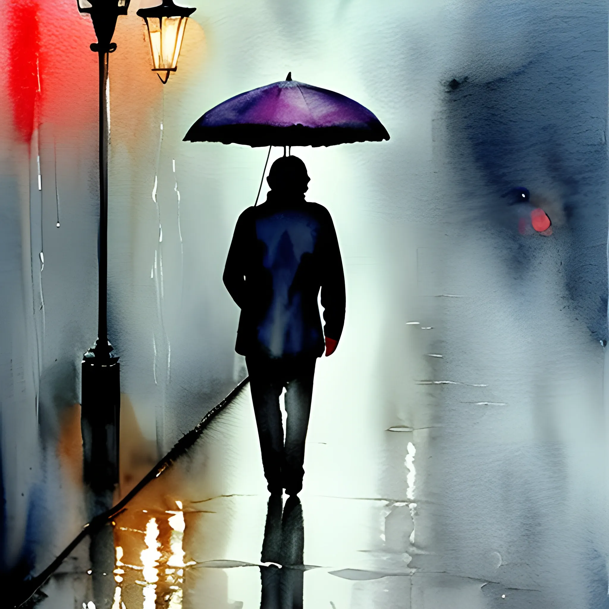 man walking through rain at night, Water Color