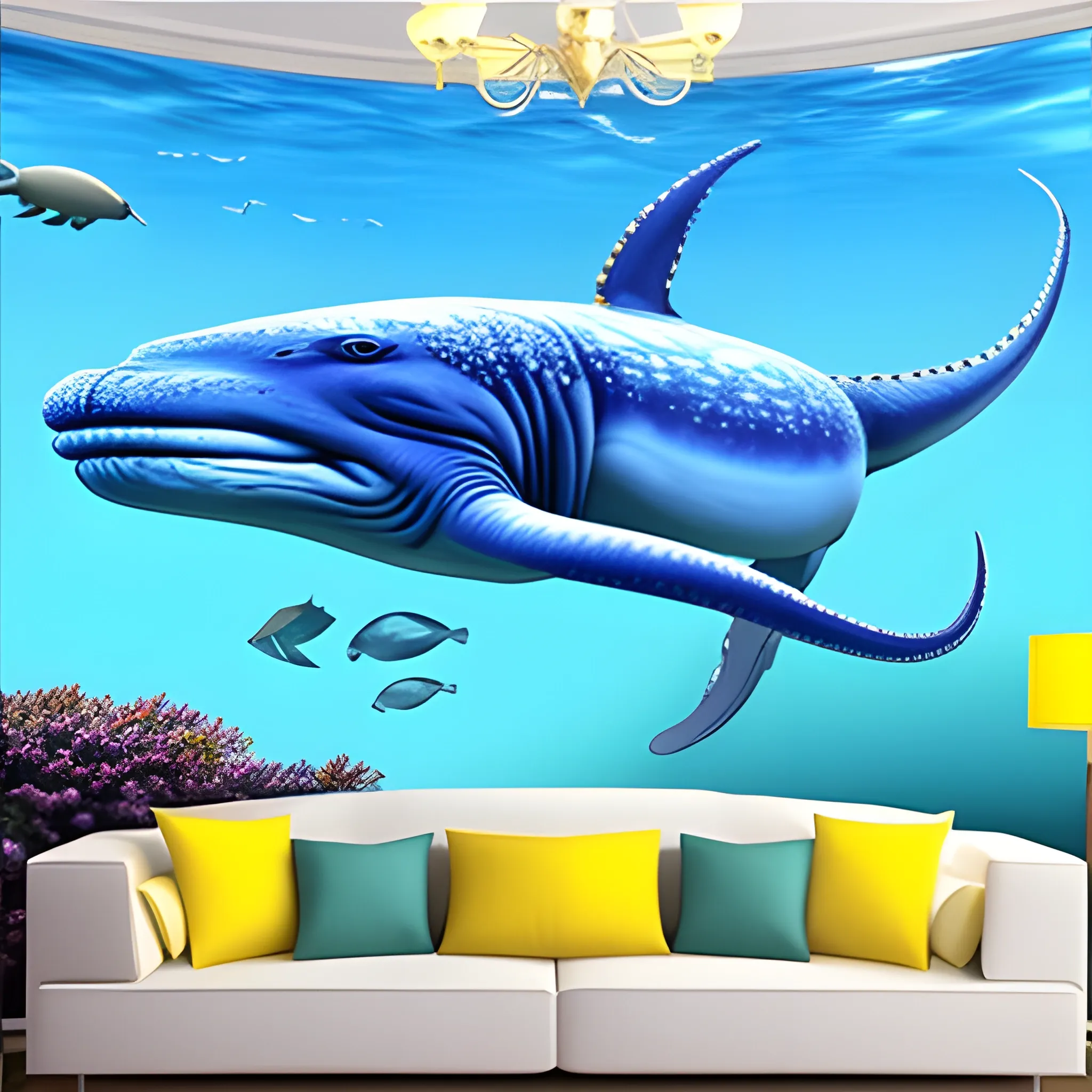 blue whale with baby whale under sea contain crab, octopus, seahorse, jellyfish, small angel fish, 3D