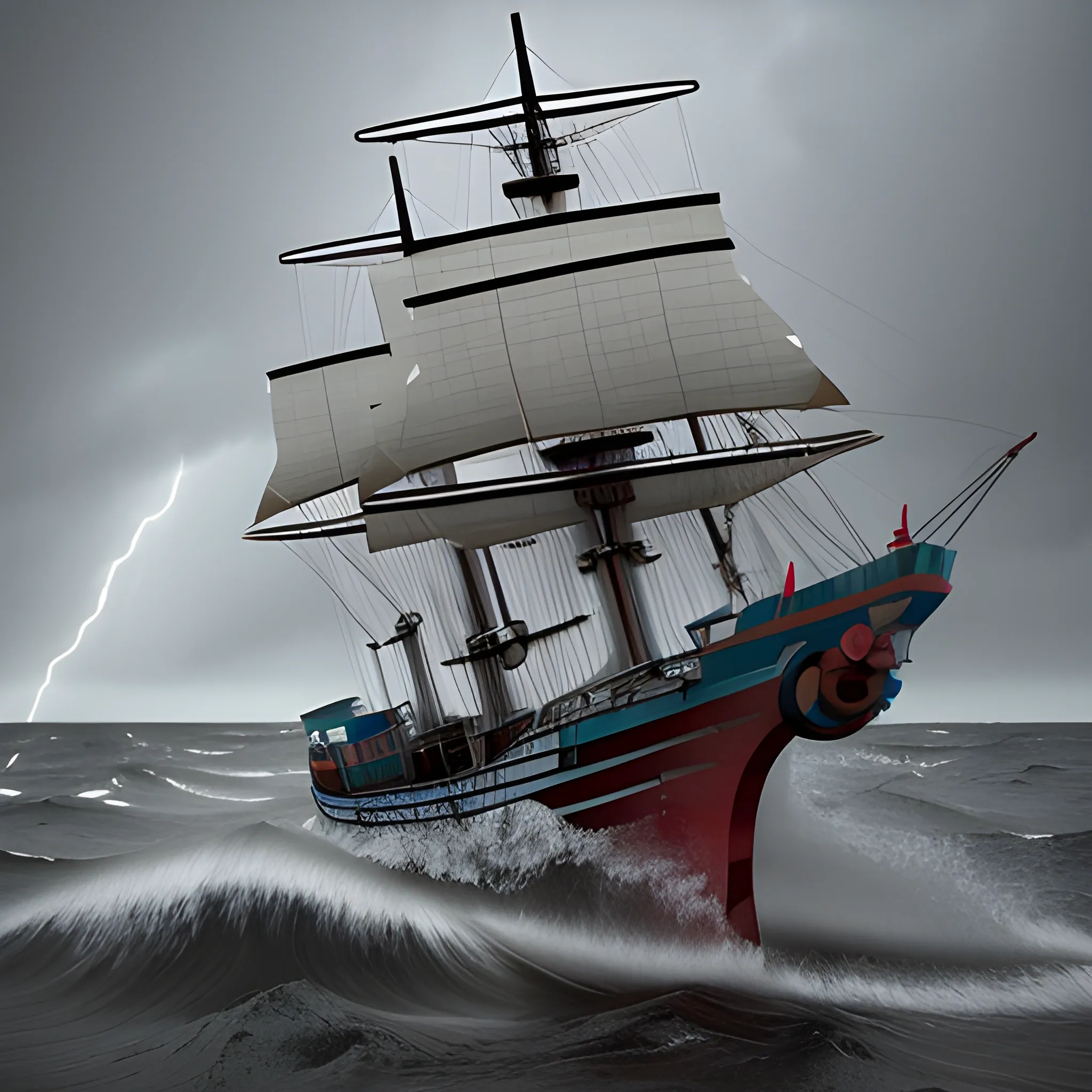 ship in a stormy and rainy sea, 3D