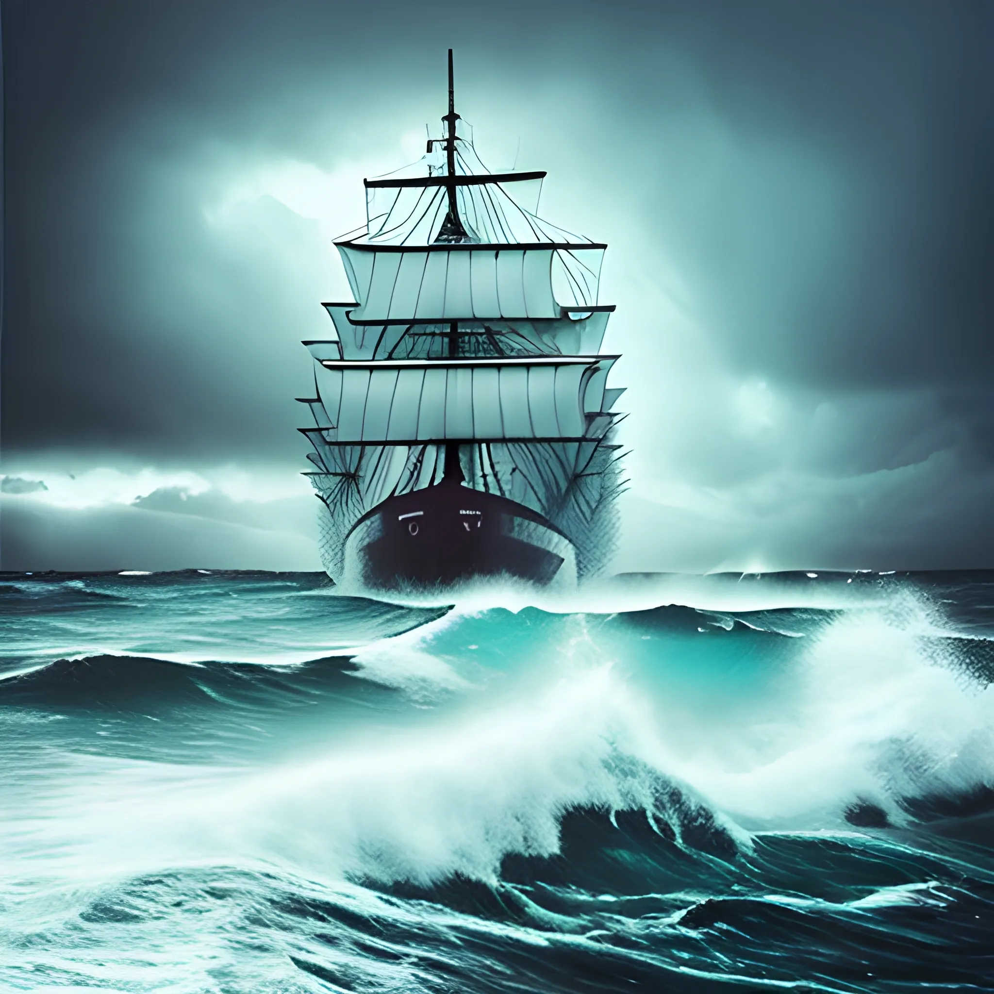 ship in a stormy and rainy sea, Trippy