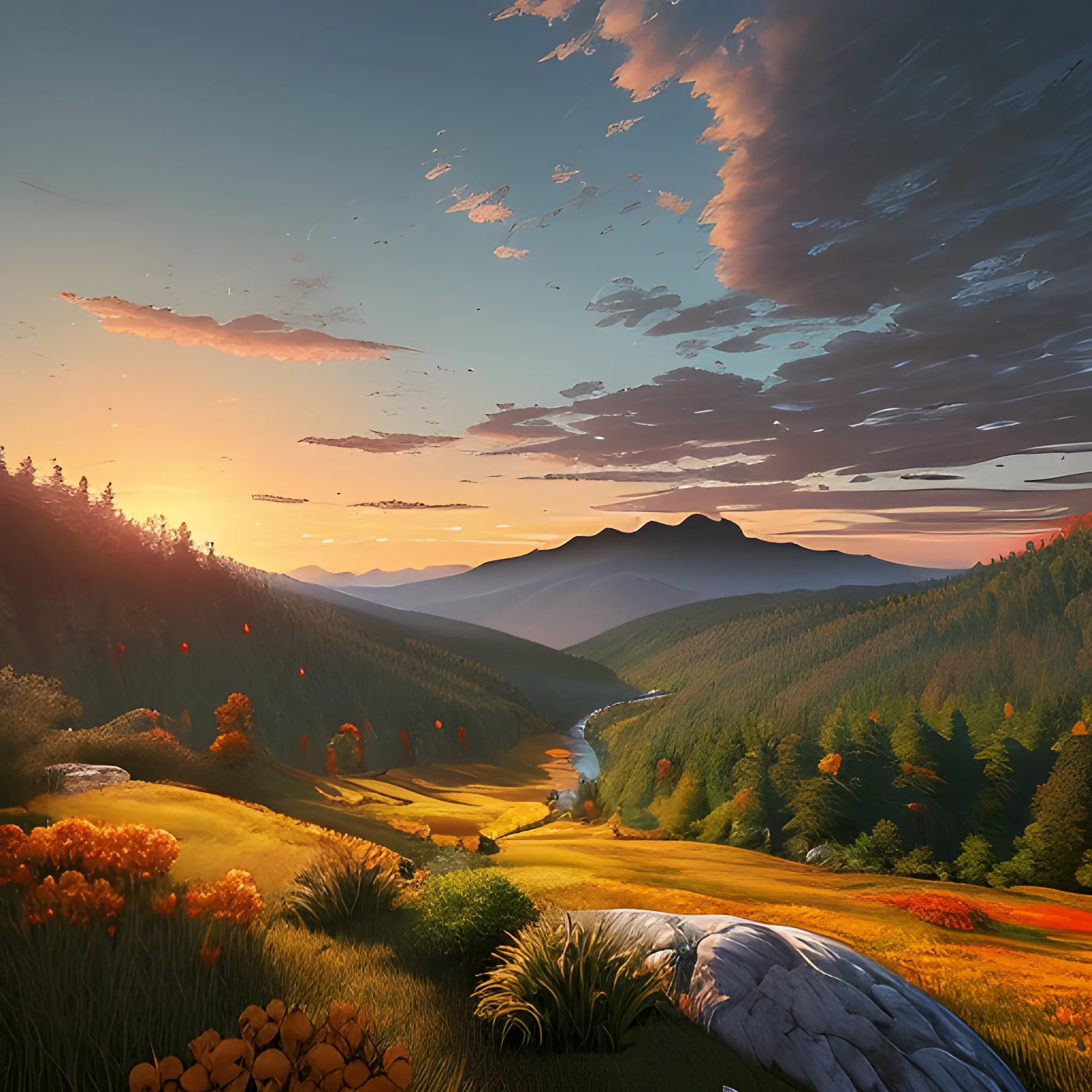 An awe-inspiring landscape showing a mountain range with dense forest in the foreground and rolling hills in the background. The overall vibe should be adventurous and wanderlust-evoking, with warm tones of oranges and yellows in the sky to convey a sunset or sunrise. A few birds soaring in the sky would add a touch of liveliness to the scene, and a human figure gazing at the view from an infinity pool on the foreground would help to emphasize the vastness of the landscape.
