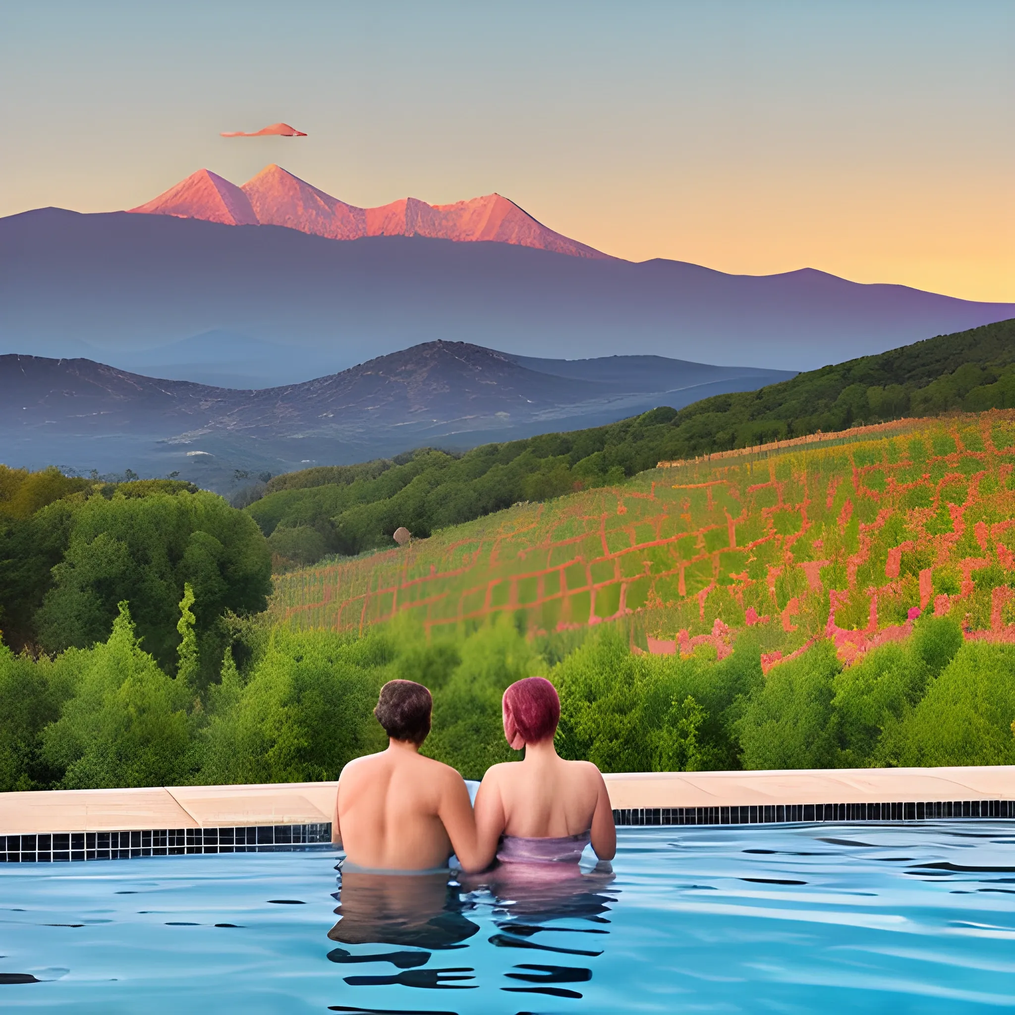 An awe-inspiring landscape showing the mount Canigou range with south france pigne forest in the  middleground and rolling hills in the background. In the foreground an old vineyard. The overall vibe should be adventurous and wanderlust-evoking, with warm tones of oranges and pink in the sky to convey a sunset or sunrise. A few birds soaring in the sky would add a touch of liveliness to the scene and a human couple swimming and gazing at the view from a pool on the foreground.
