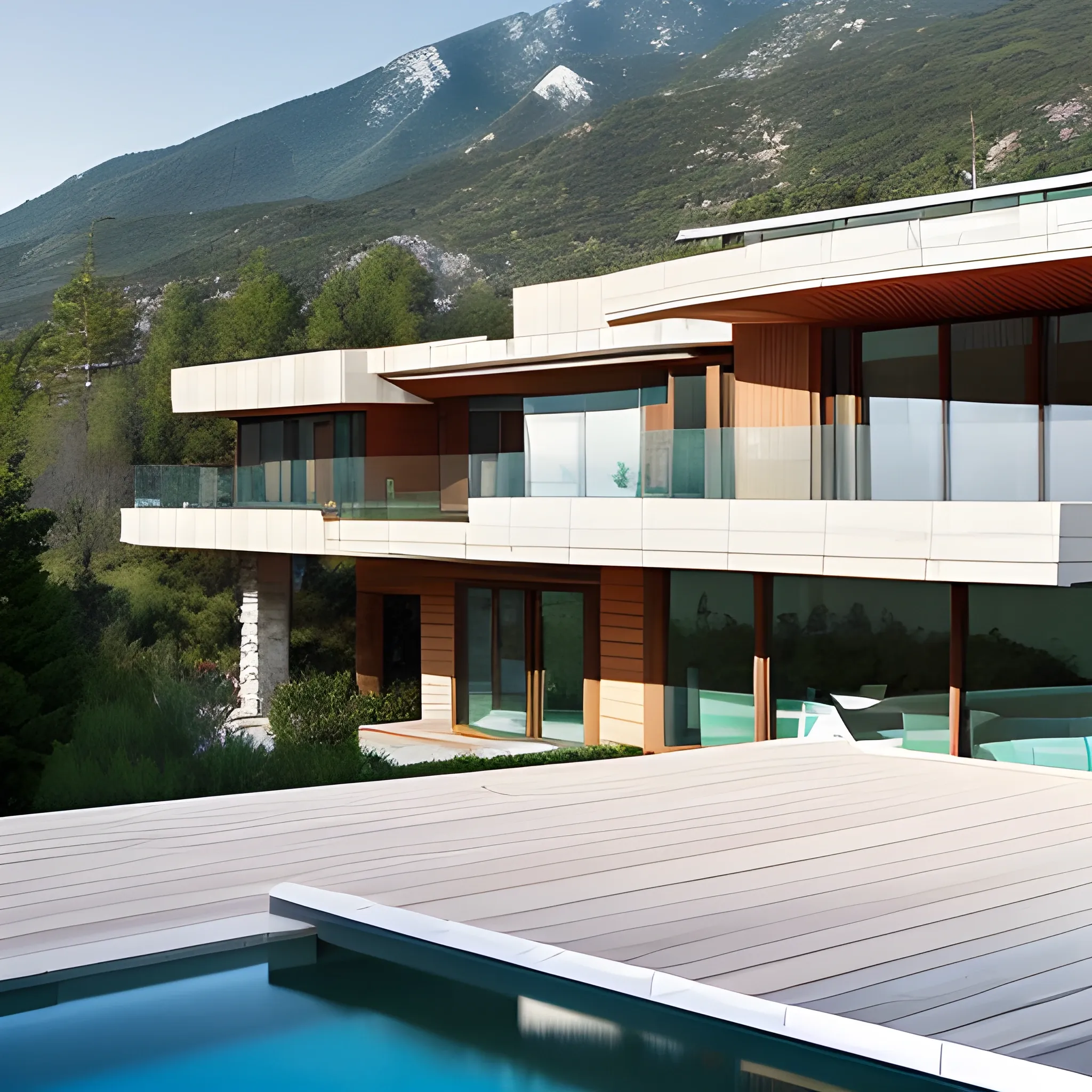 A modern 1-storey house architecture, viewing over a landscape mount Canigou view in the background with a pigne forest in the middle ground with a beautifull terasse and an infinity pool looking over the landscape, sunny day. Frank Lloyd Wright and Zaha Hadid style. 

