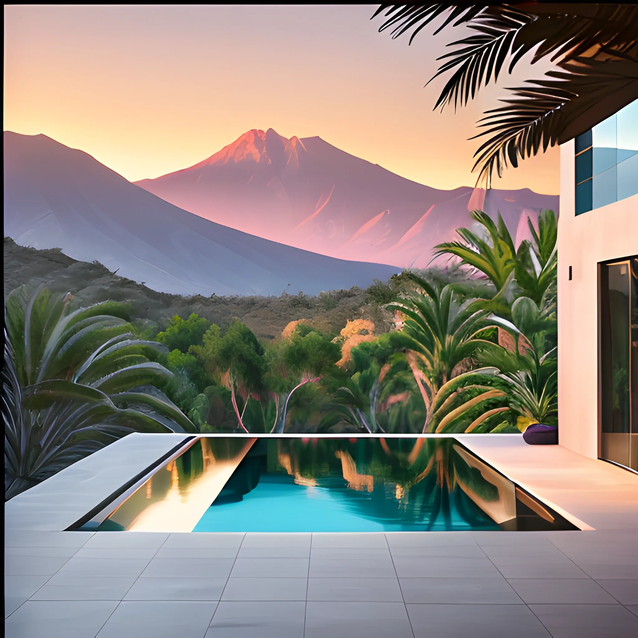 An infinity pool surrounded by dark grey wall on the left side with a wide rectangle window looking out into a mount Canigou landscape. one palm tree on the right side and a jungle forest garden. Golden hour with a pink hue. West Anderson style