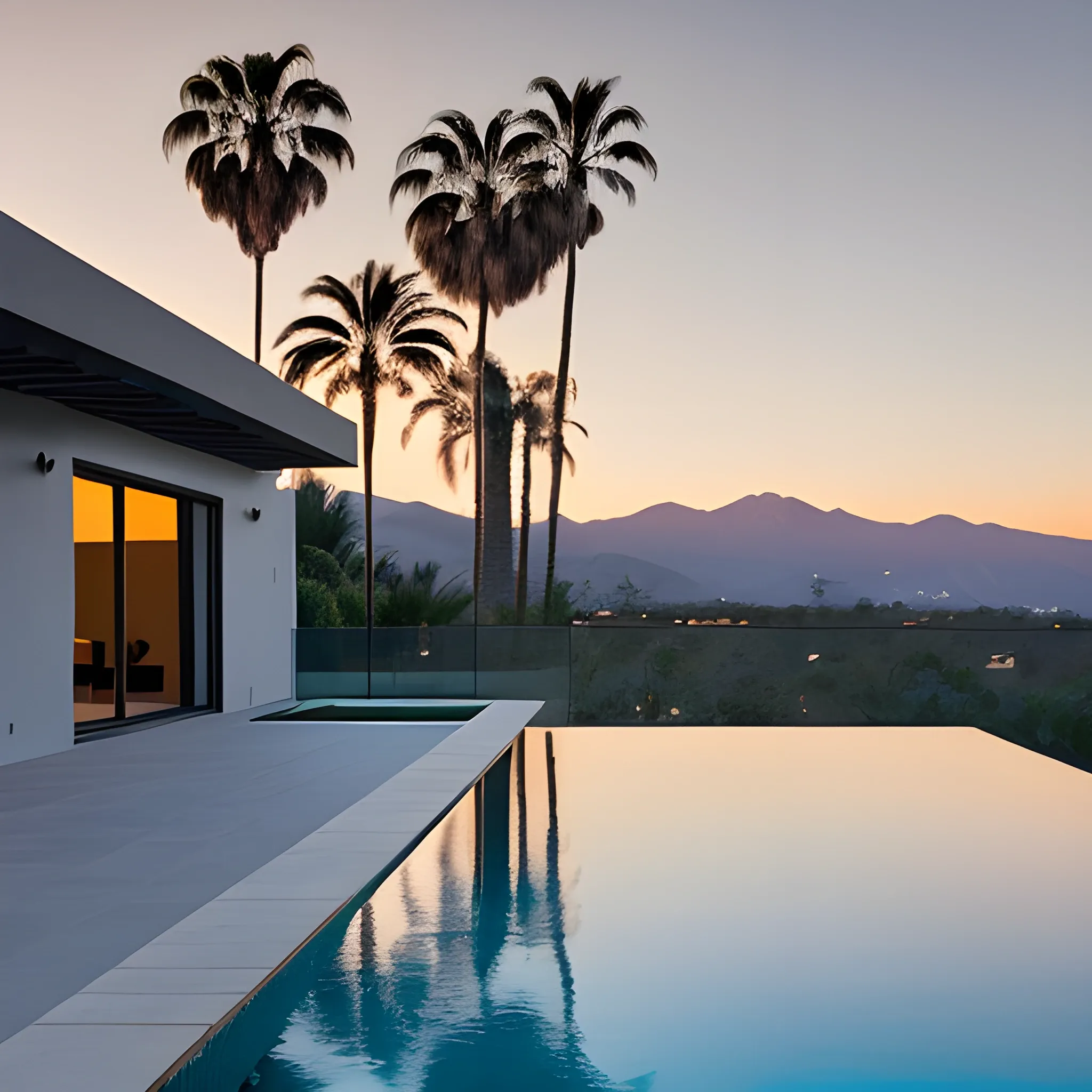 An infinity pool surrounded by dark grey wall of a 1-storey modern villa on the right side with a wide rectangle window looking out into a mount Canigou landscape. one palm tree on the left side and two banana trees on the left side. Golden hour with a pink hue. West Anderson style